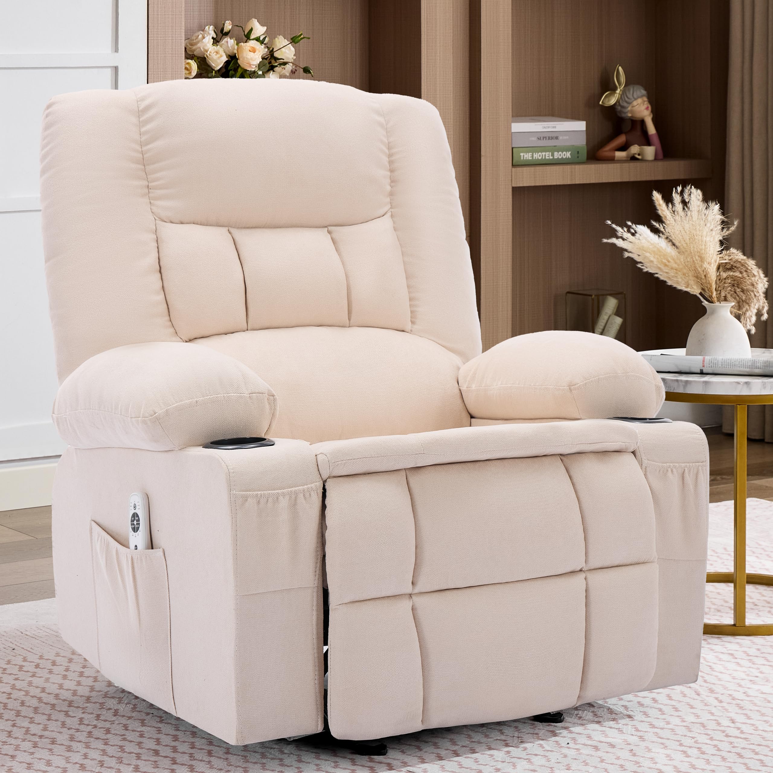 Rocker Recliner Chair with Massage and Heat, Nursery Rocking Chairs for Living Room, Ergonomic Comfy Relining Chair with Cup Holders, USB Charge Port, Side Pockets, Manual Recliner Chairs, Grey