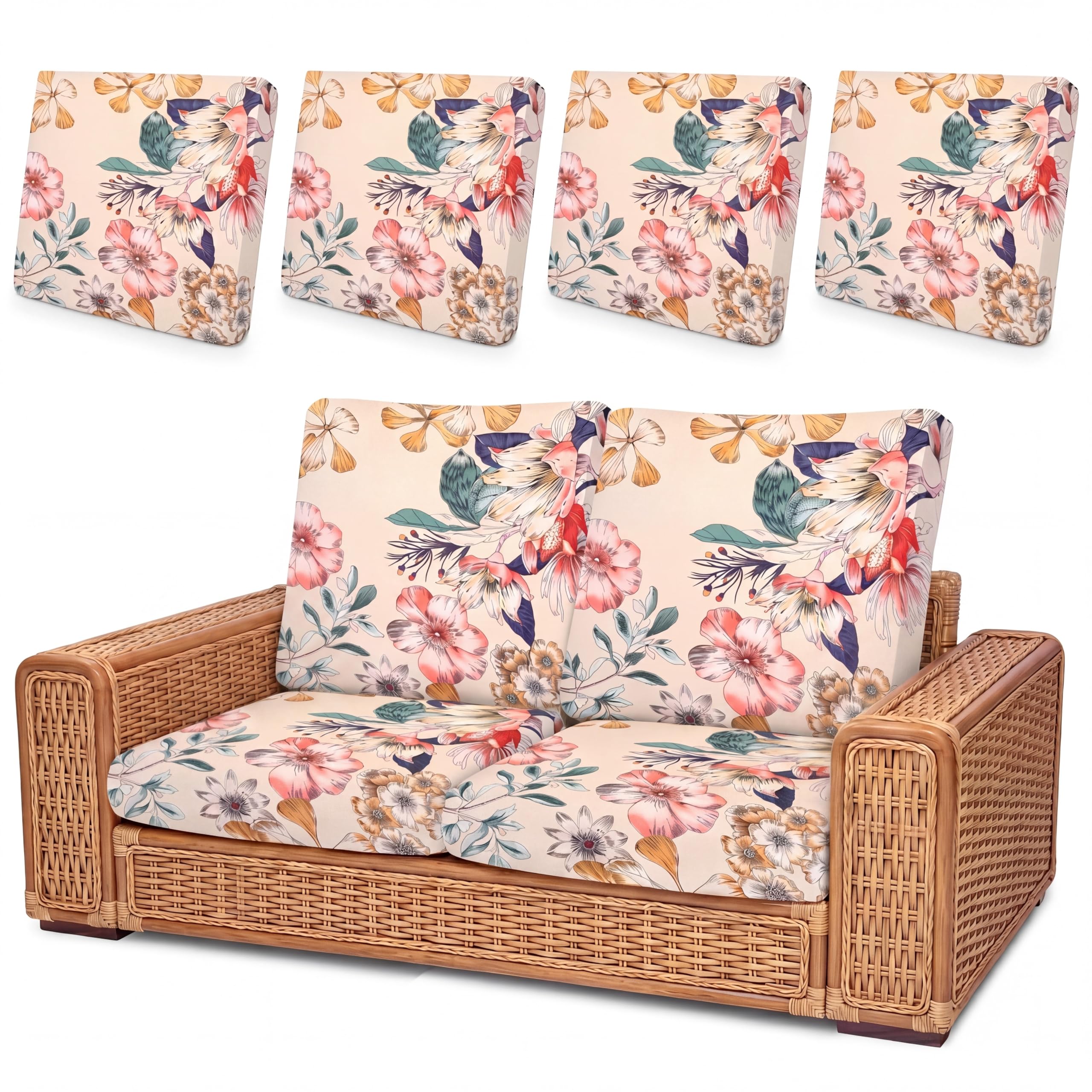 Tegeme 8 Pcs Summer Cushion Cover Stretchable Printed Floral Sofa Cushion Covers Bohemian Printed Washable with Elastic for Furniture Chair Bottom