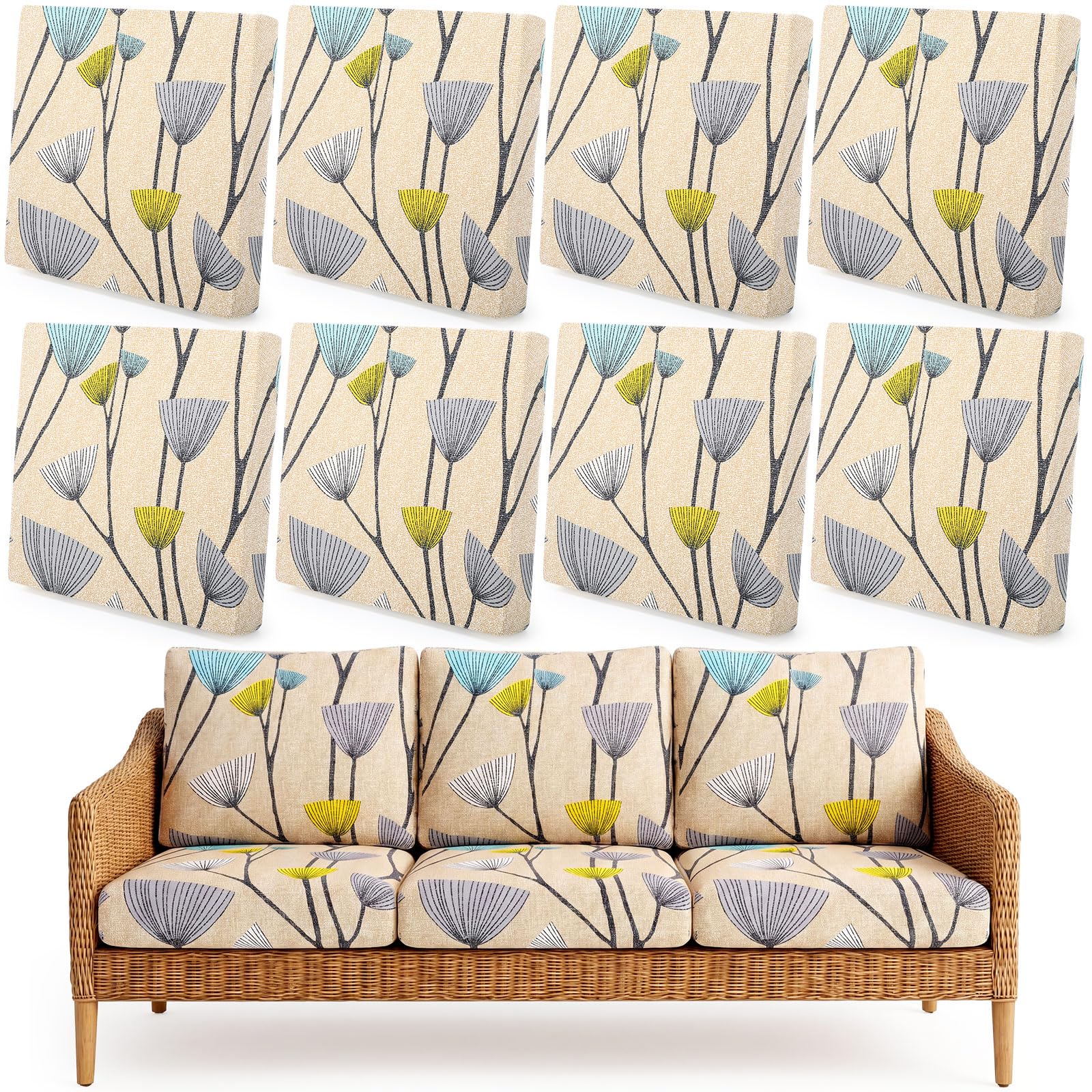 Tegeme 8 Pcs Stretch Printed Sofa Cushion Covers Outdoor Floral Couch Covers Replacement Outdoor Couch and Sofa Slipcovers Furniture Cushion Washable Reusable Furniture Protector (Modern)