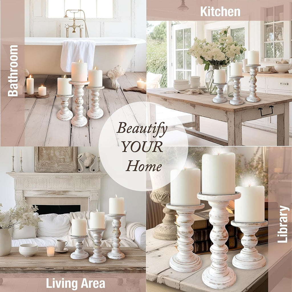Large Candle Holders for Pillar Candles (3 Piece Set) Tall Rustic Wood Farmhouse Pillar Candlestick Stands - Fits 4 inch inch Wide Pillar Candles - Modern Candle Holder Decor (Antique White)
