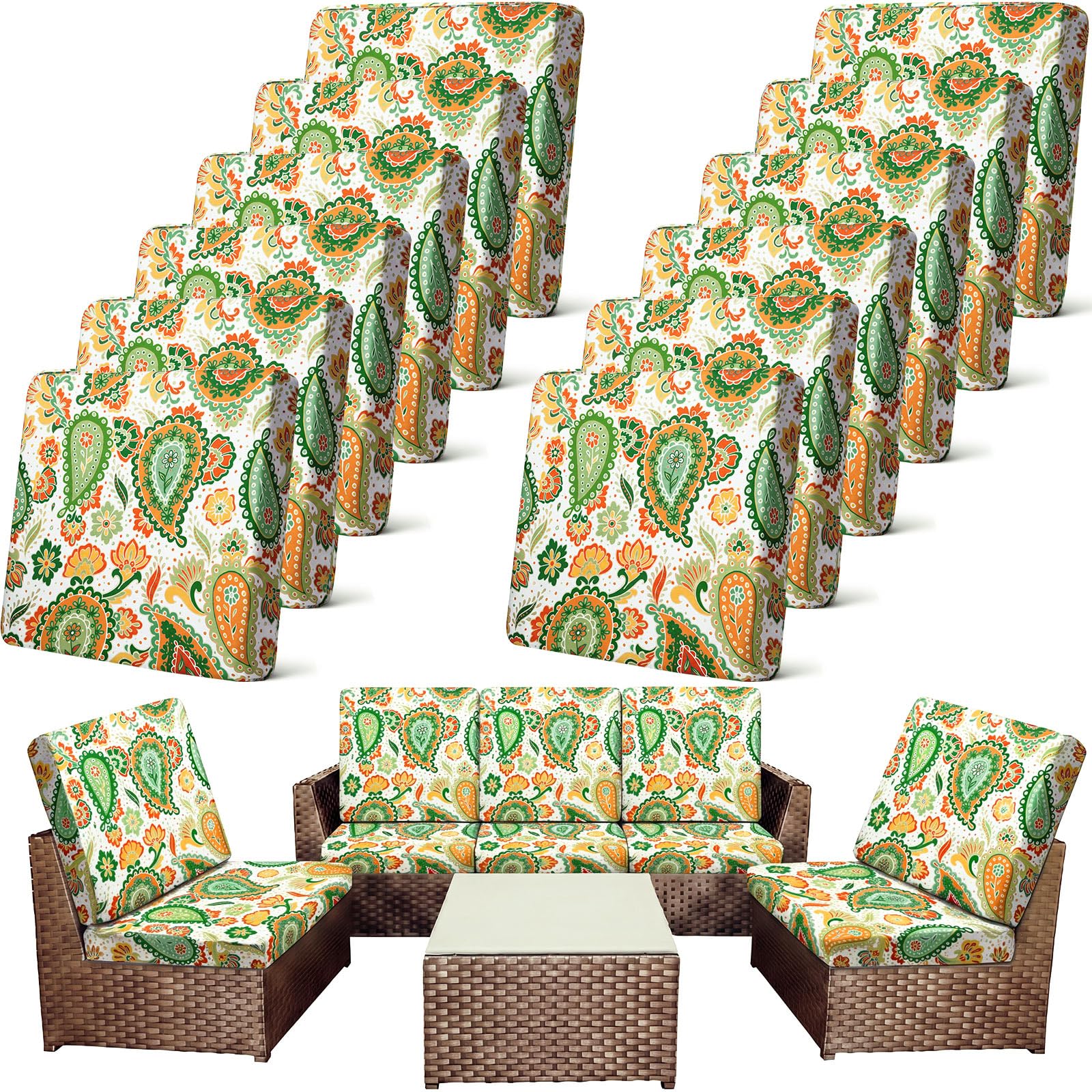 Newwiee 12 Pcs Patio Cushion Covers Outdoor Stretch Sofa Couch Cover Replacement Couch Slipcover Sofa Seat Chair Porch Patio Furniture Protector, Flexibility Washable(Colorful,Palm Leaf)