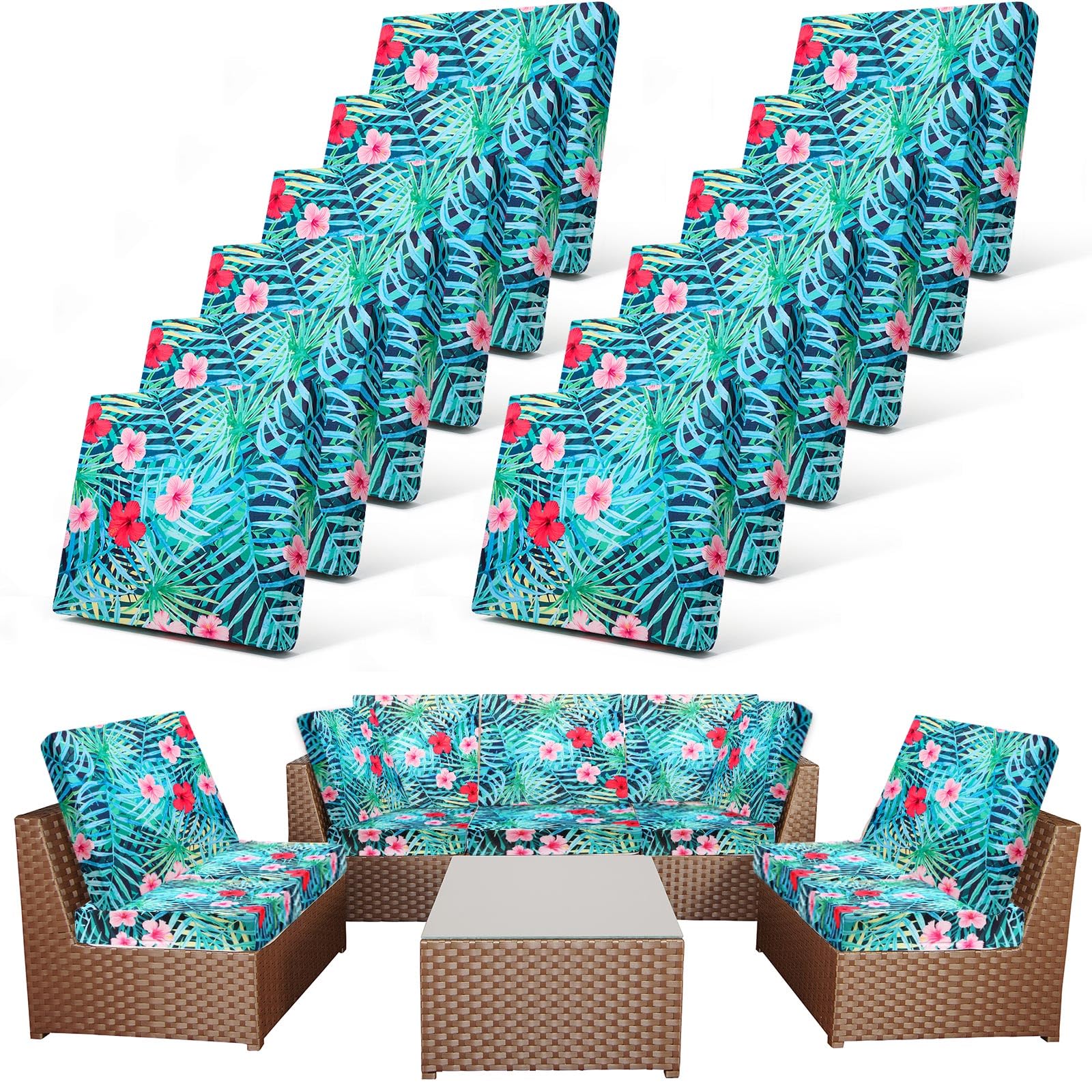 Newwiee 12 Pcs Patio Cushion Covers Outdoor Stretch Sofa Couch Cover Replacement Couch Slipcover Sofa Seat Chair Porch Patio Furniture Protector, Flexibility Washable(Colorful,Palm Leaf)