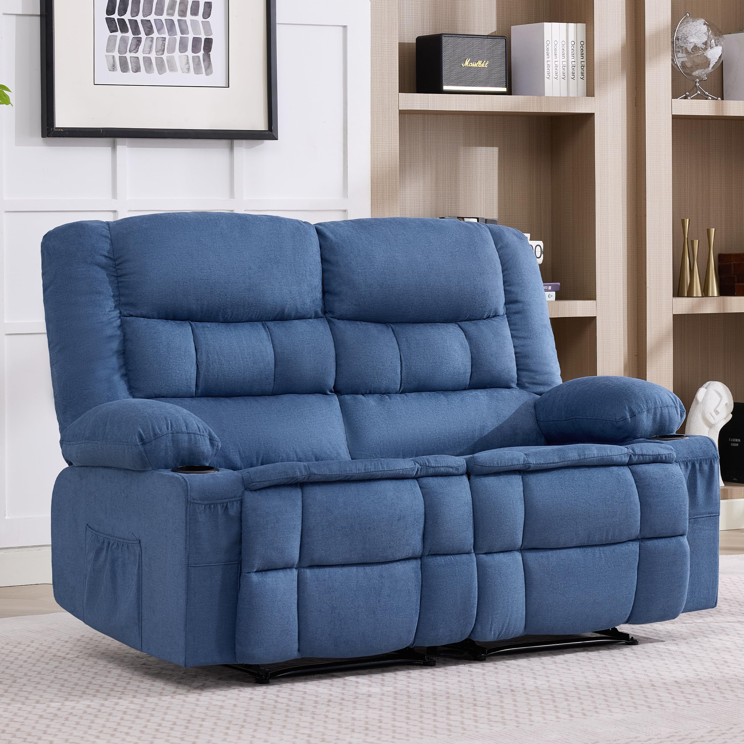 Rocker Recliner Chair with Massage and Heat, Nursery Rocking Chairs for Living Room, Ergonomic Comfy Relining Chair with Cup Holders, USB Charge Port, Side Pockets, Manual Recliner Chairs, Grey