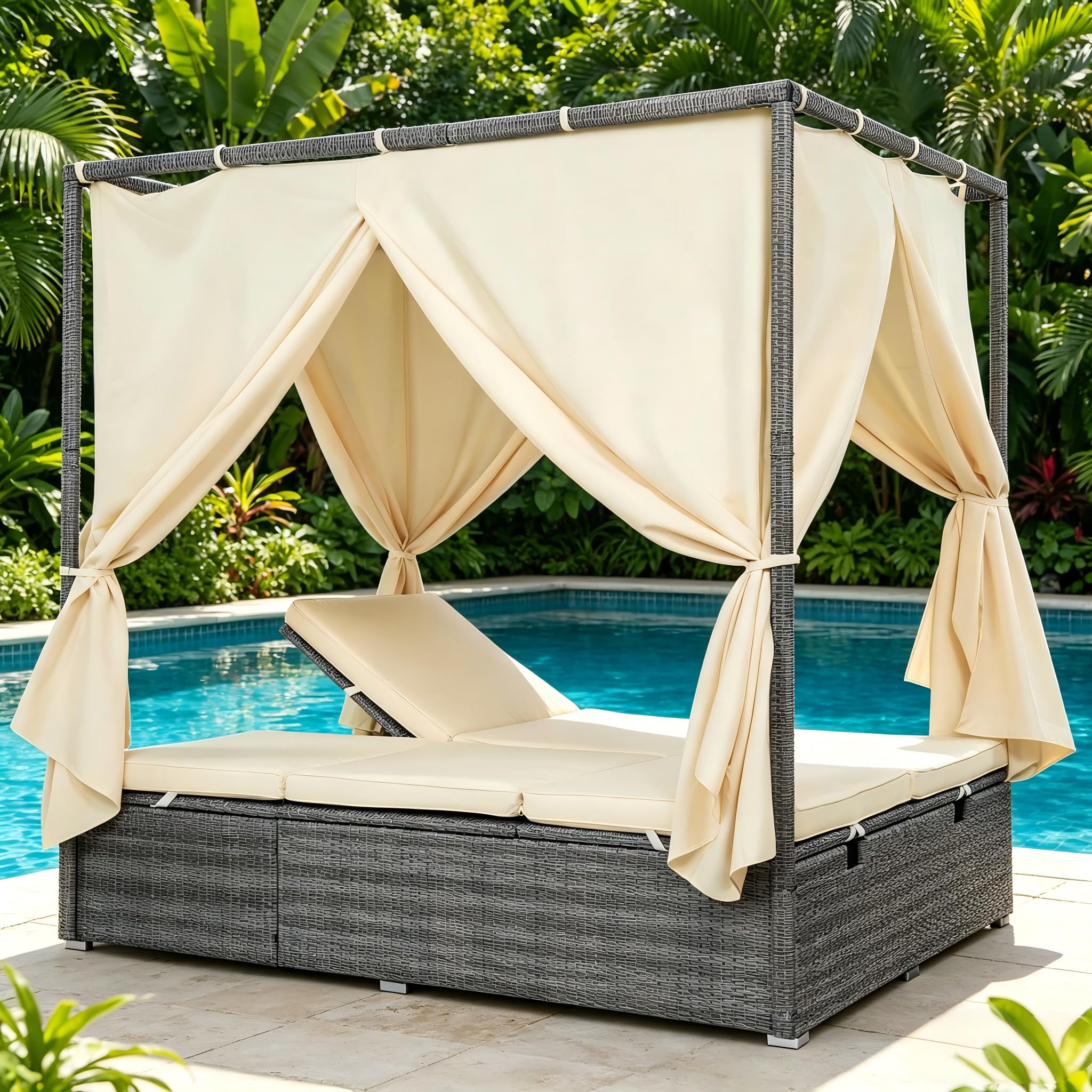 KEVINSPACE Outdoor Daybed with Retractable Canopy Patio RoundDaybed Wicker Rattan OutdoorSectional Bed Lounger, Washable Cushions Furniture for Lawn Backyard Pool Porch Beige