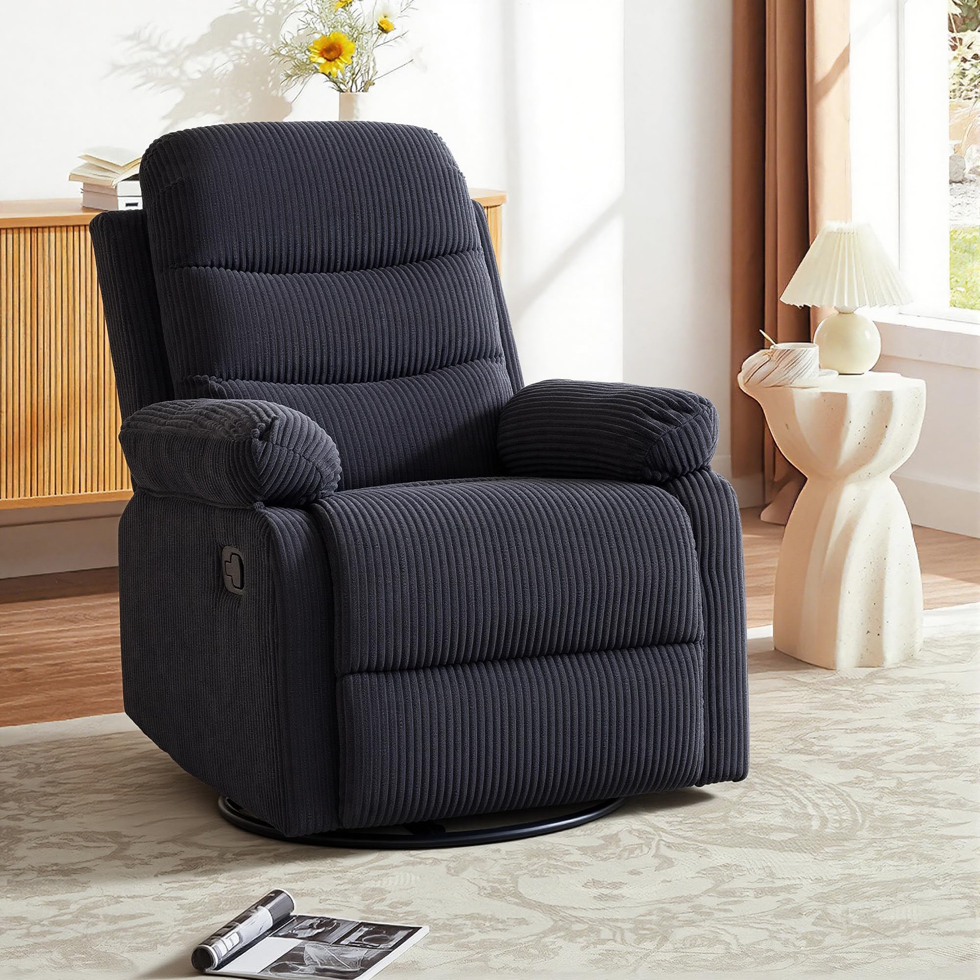 Rocking Recliner Chair,Modern Swivel Glider Recliner Chair,Corduroy Fabric Upholstery Recliner,Manual Reclining Sofa Chair for Living Room,Office,Apartment (Beige)