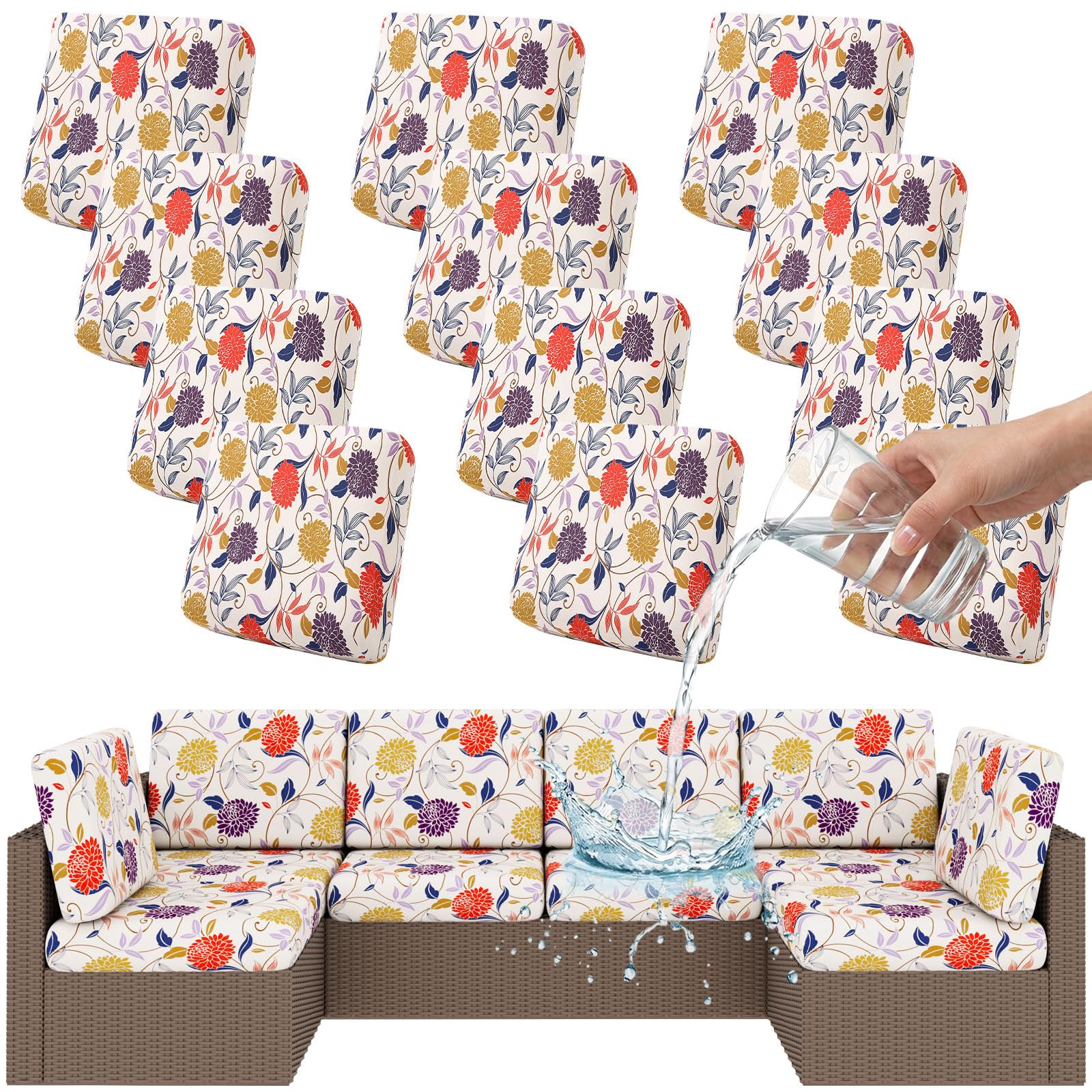 Smiry Waterproof Patio Cushion Covers, Stretch Outdoor Couch Slipcovers Replacement Washable Furniture Protector Sofa Chair Seat Cover for Dogs and Pets (8 Pcs, Orange)