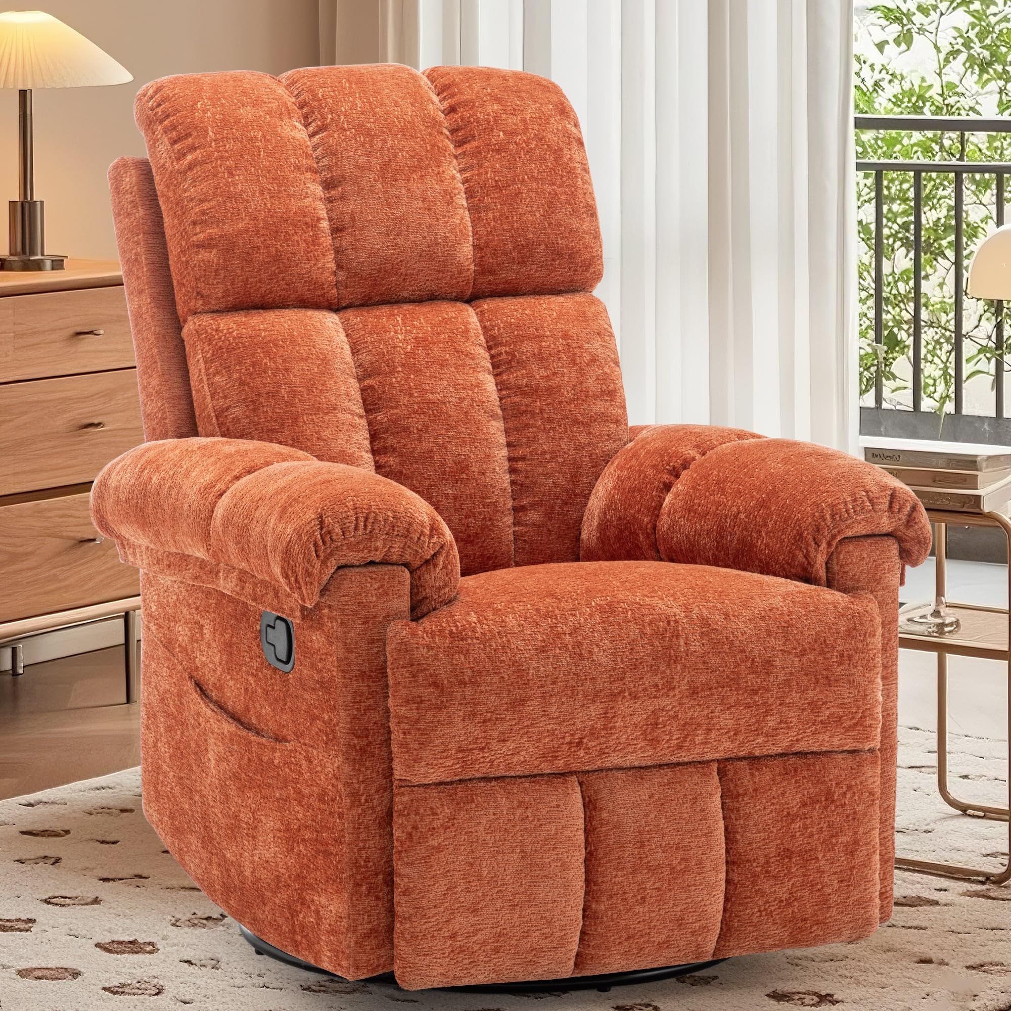 Korser Recliner Chair, Swivel Rocker Recliner Chair for Adults, Small Recliners for Small Spaces, Upholstered Manual Recliner with Side Pockets, Nursery Rocking Chair for Living Room, Chenille, Beige