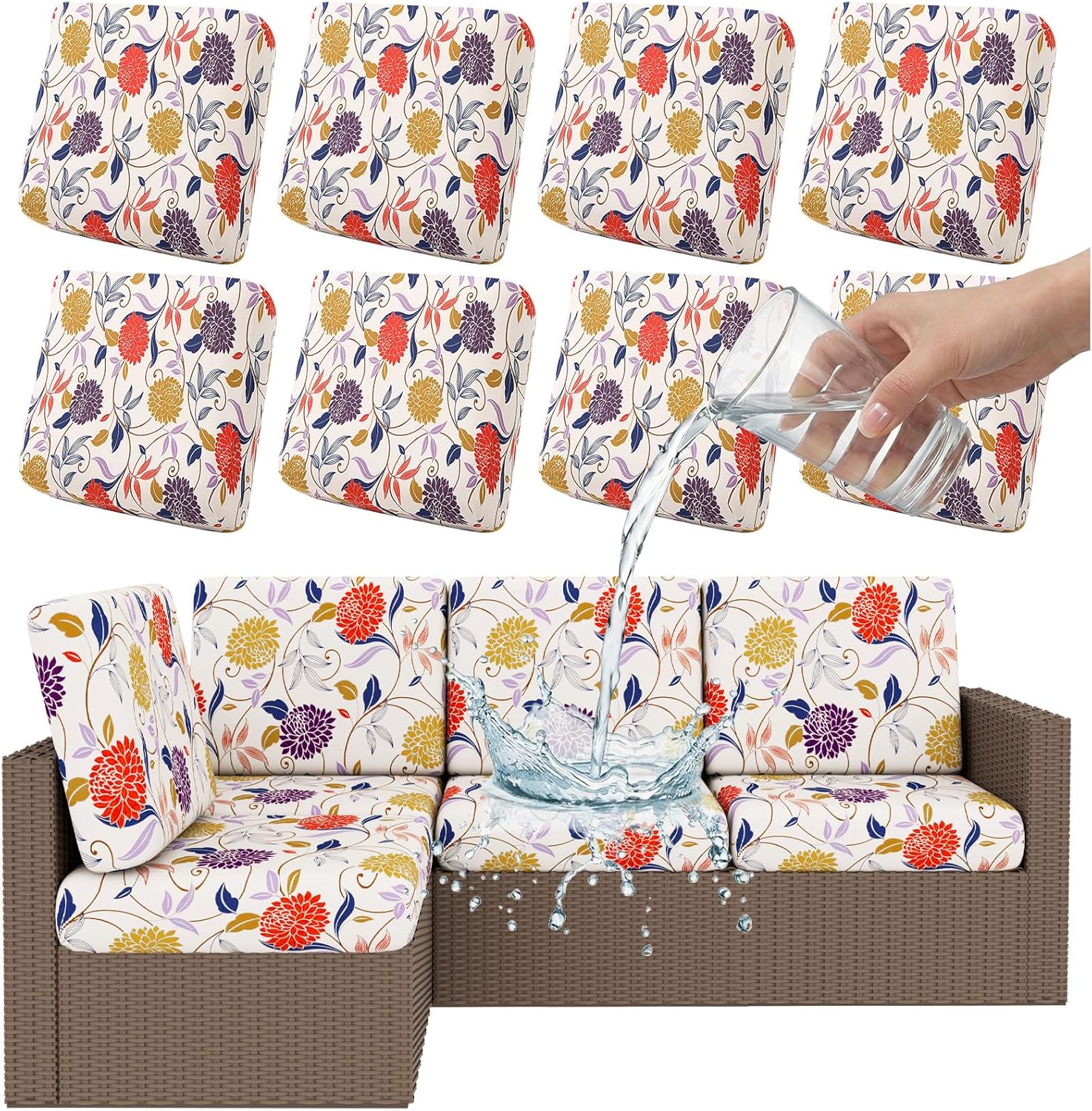 Smiry Waterproof Patio Cushion Covers, Stretch Outdoor Couch Slipcovers Replacement Washable Furniture Protector Sofa Chair Seat Cover for Dogs and Pets (8 Pcs, Orange)
