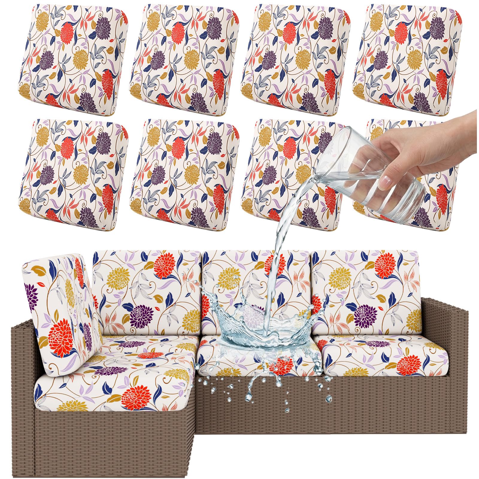 Smiry Waterproof Patio Cushion Covers, Stretch Outdoor Couch Slipcovers Replacement Washable Furniture Protector Sofa Chair Seat Cover for Dogs and Pets (8 Pcs, Orange)