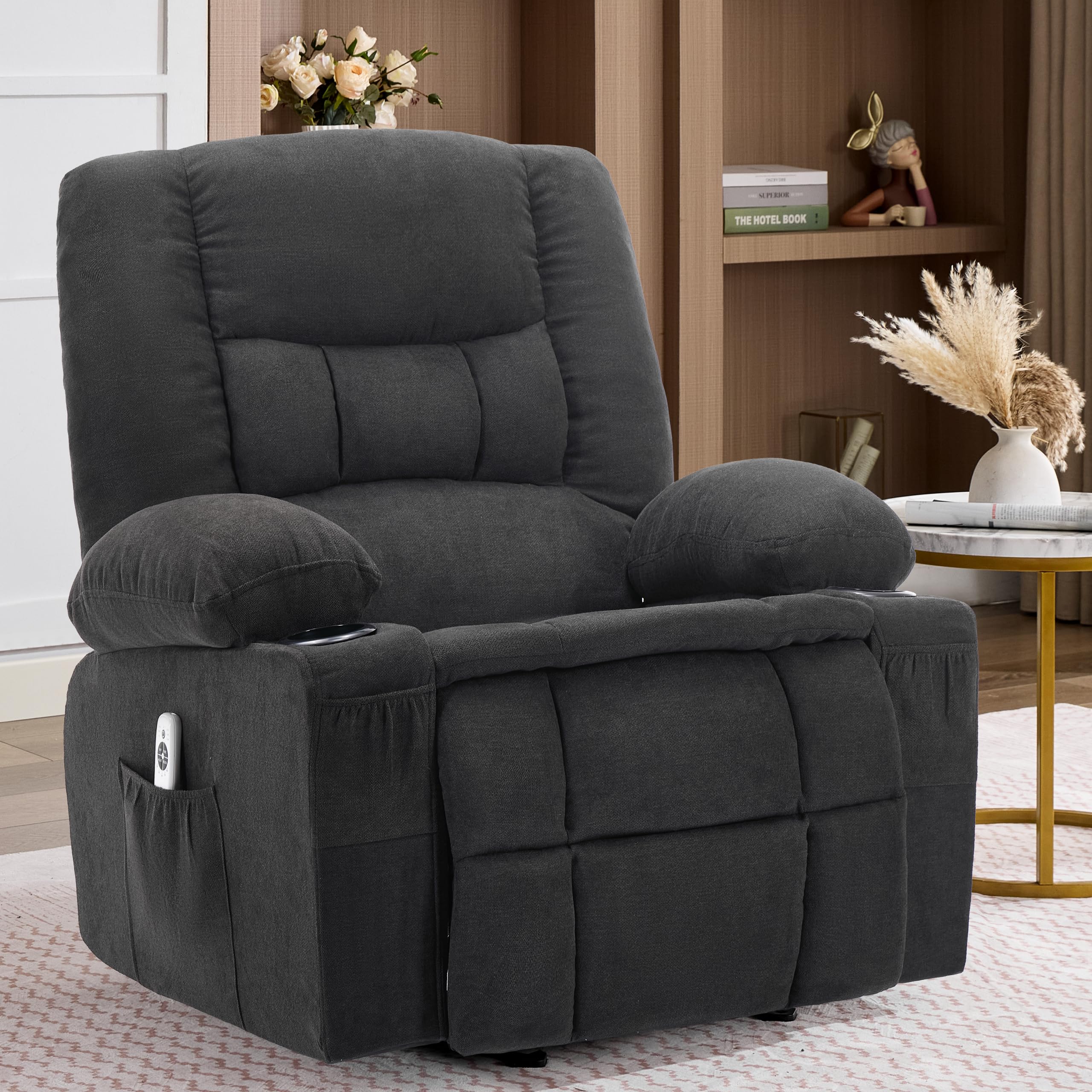 Rocker Recliner Chair with Massage and Heat, Nursery Rocking Chairs for Living Room, Ergonomic Comfy Relining Chair with Cup Holders, USB Charge Port, Side Pockets, Manual Recliner Chairs, Grey