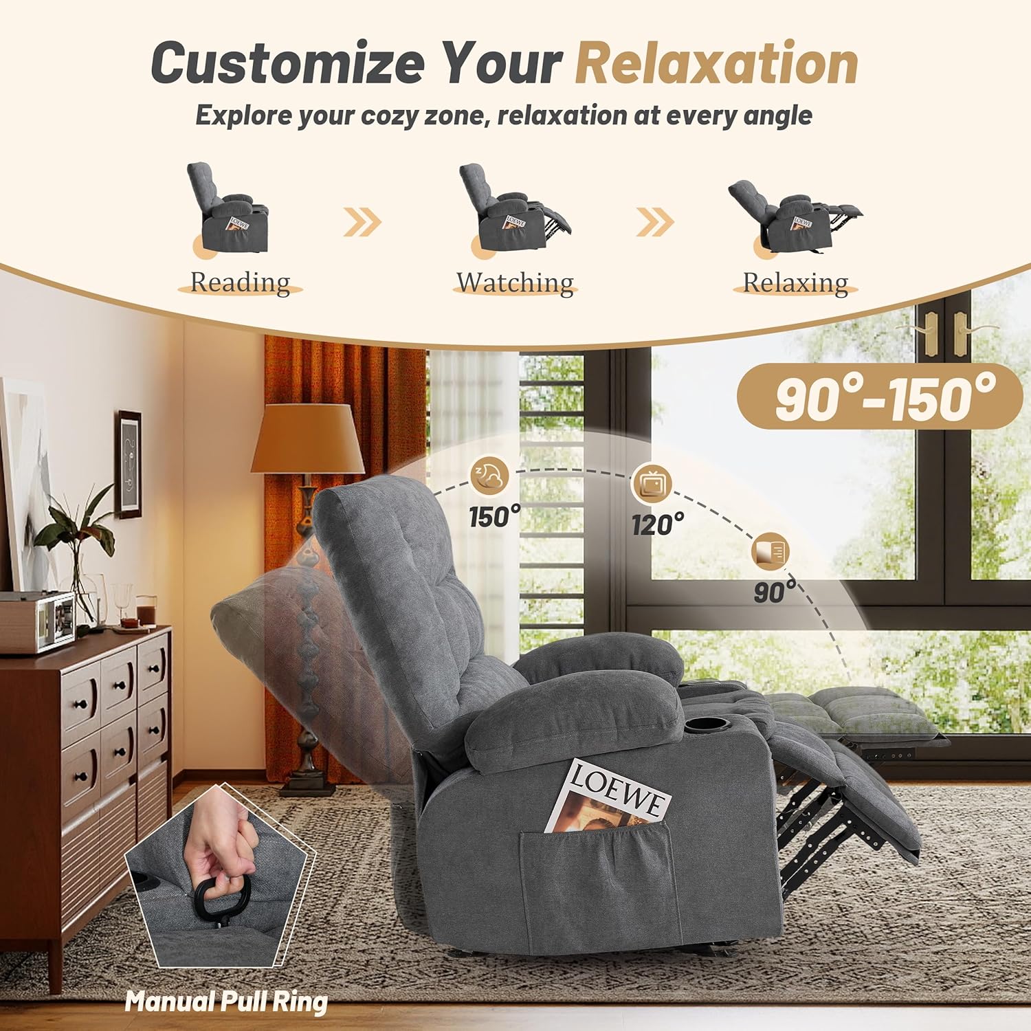 Rocker Recliner Chair with Massage and Heat, Nursery Rocking Chairs for Living Room, Ergonomic Comfy Relining Chair with Cup Holders, USB Charge Port, Side Pockets, Manual Recliner Chairs, Grey