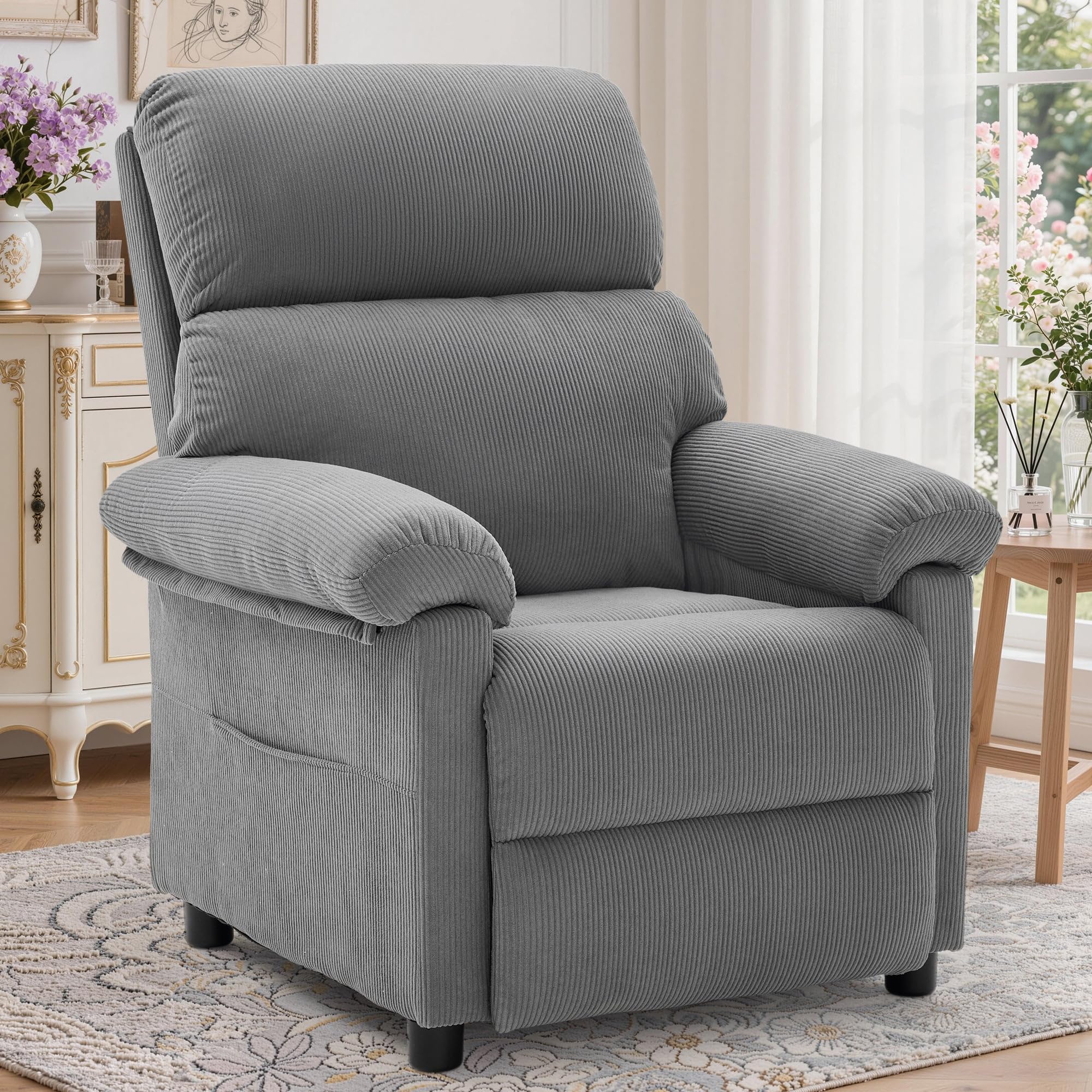 Korser Recliner Chair, Living Room Recliner Chairs for Adults, Small Recliners for Small Spaces, Upholstered Manual Reading Chair with Side Pockets, Nursery Chair for Living Room, Corduroy, Beige