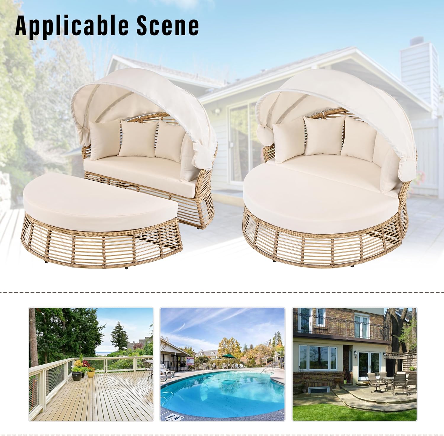 KEVINSPACE Outdoor Daybed with Retractable Canopy Patio RoundDaybed Wicker Rattan OutdoorSectional Bed Lounger, Washable Cushions Furniture for Lawn Backyard Pool Porch Beige