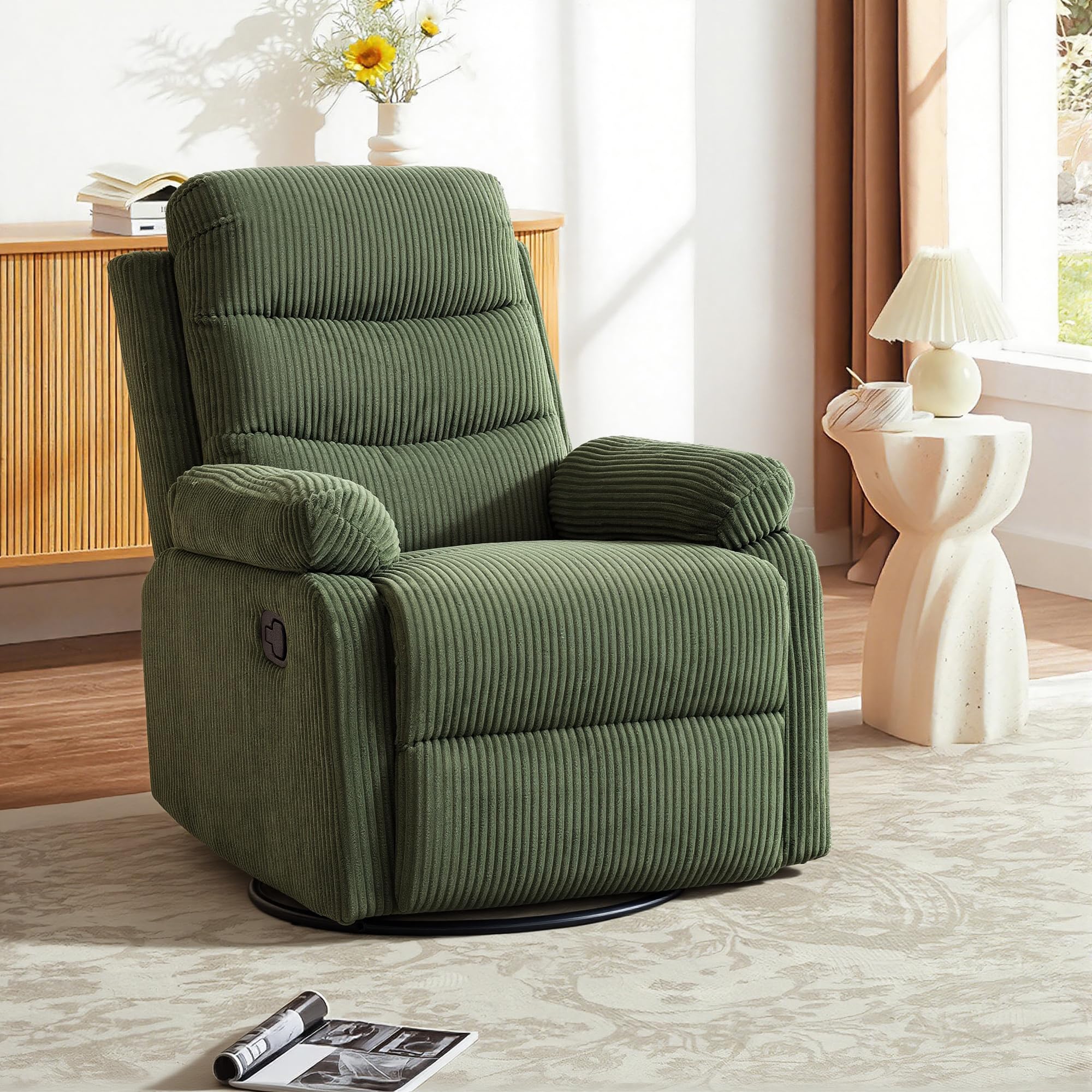 Rocking Recliner Chair,Modern Swivel Glider Recliner Chair,Corduroy Fabric Upholstery Recliner,Manual Reclining Sofa Chair for Living Room,Office,Apartment (Beige)