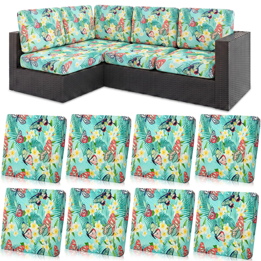 Mindsoft 8 Pcs Printed Cushion Cover for Outdoor Stretch Floral Sofa Couch Cushion Replacement Washable Farmhouse Seat Covers with Elastic for Furniture Chair Bottom