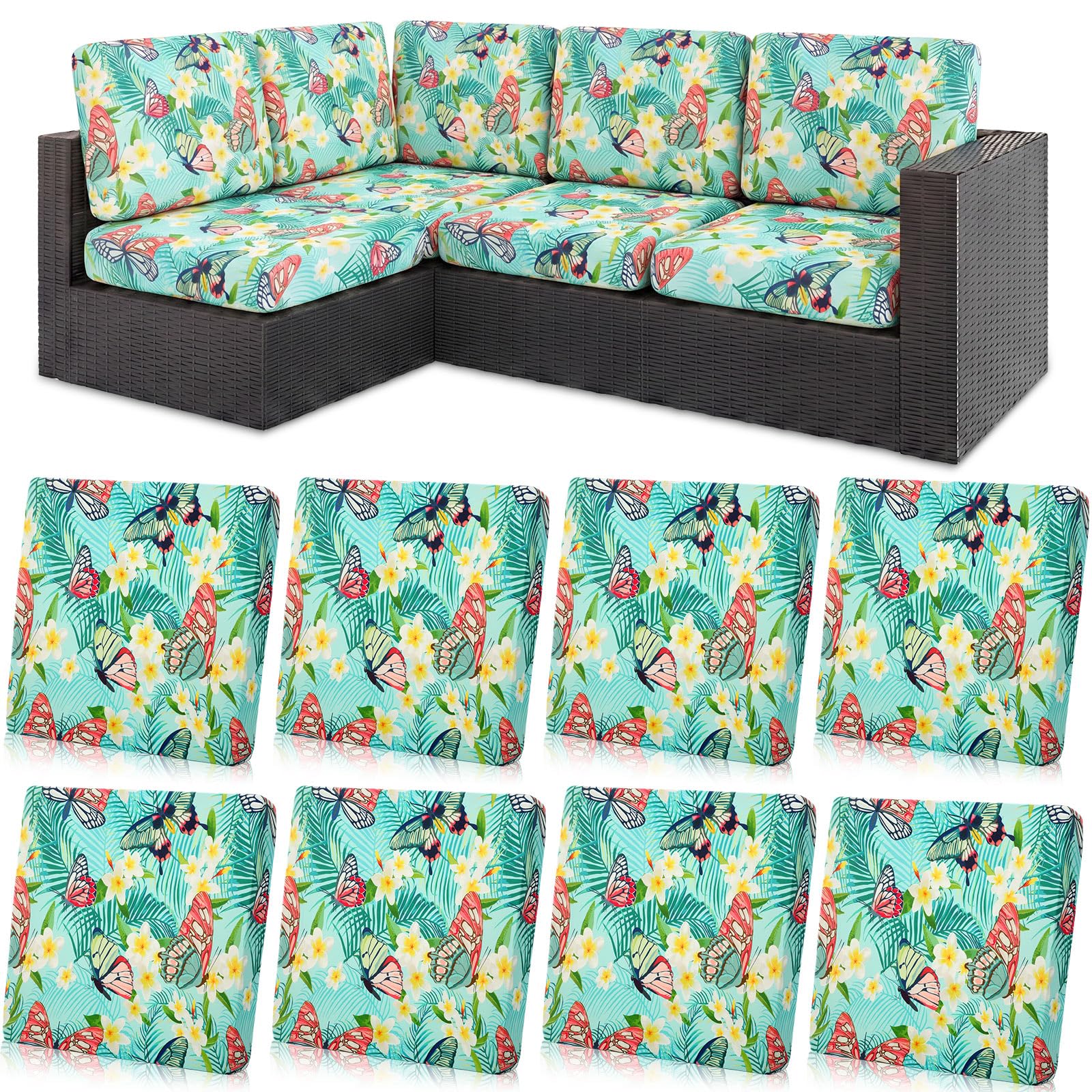 Mindsoft 8 Pcs Printed Cushion Cover for Outdoor Stretch Floral Sofa Couch Cushion Replacement Washable Farmhouse Seat Covers with Elastic for Furniture Chair Bottom