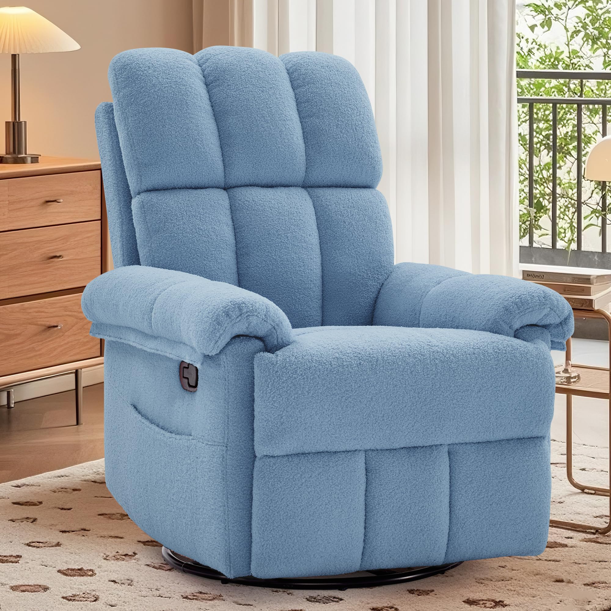 Korser Recliner Chair, Swivel Rocker Recliner Chair for Adults, Small Recliners for Small Spaces, Upholstered Manual Recliner with Side Pockets, Nursery Rocking Chair for Living Room, Chenille, Beige