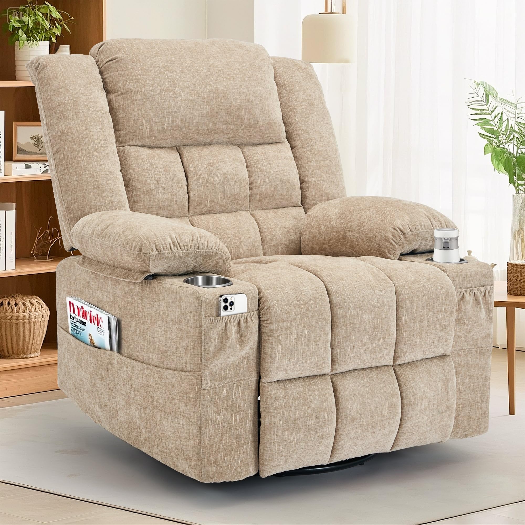 Korser 360° Swivel Rocker Recliner for Adults, Nursery Glider Recliner with Massage and Heating, Rocking Chair with Cup Holder, Manual Recliner Chair for Living Room, Bedroom (Fabric, Dark Gray)