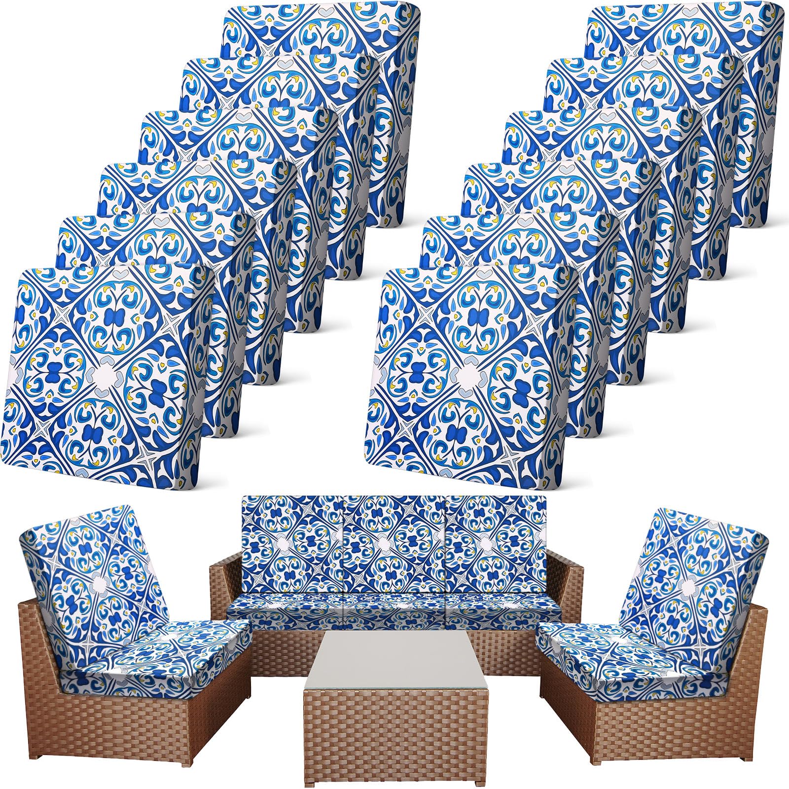 Newwiee 12 Pcs Patio Cushion Covers Outdoor Stretch Sofa Couch Cover Replacement Couch Slipcover Sofa Seat Chair Porch Patio Furniture Protector, Flexibility Washable(Colorful,Palm Leaf)