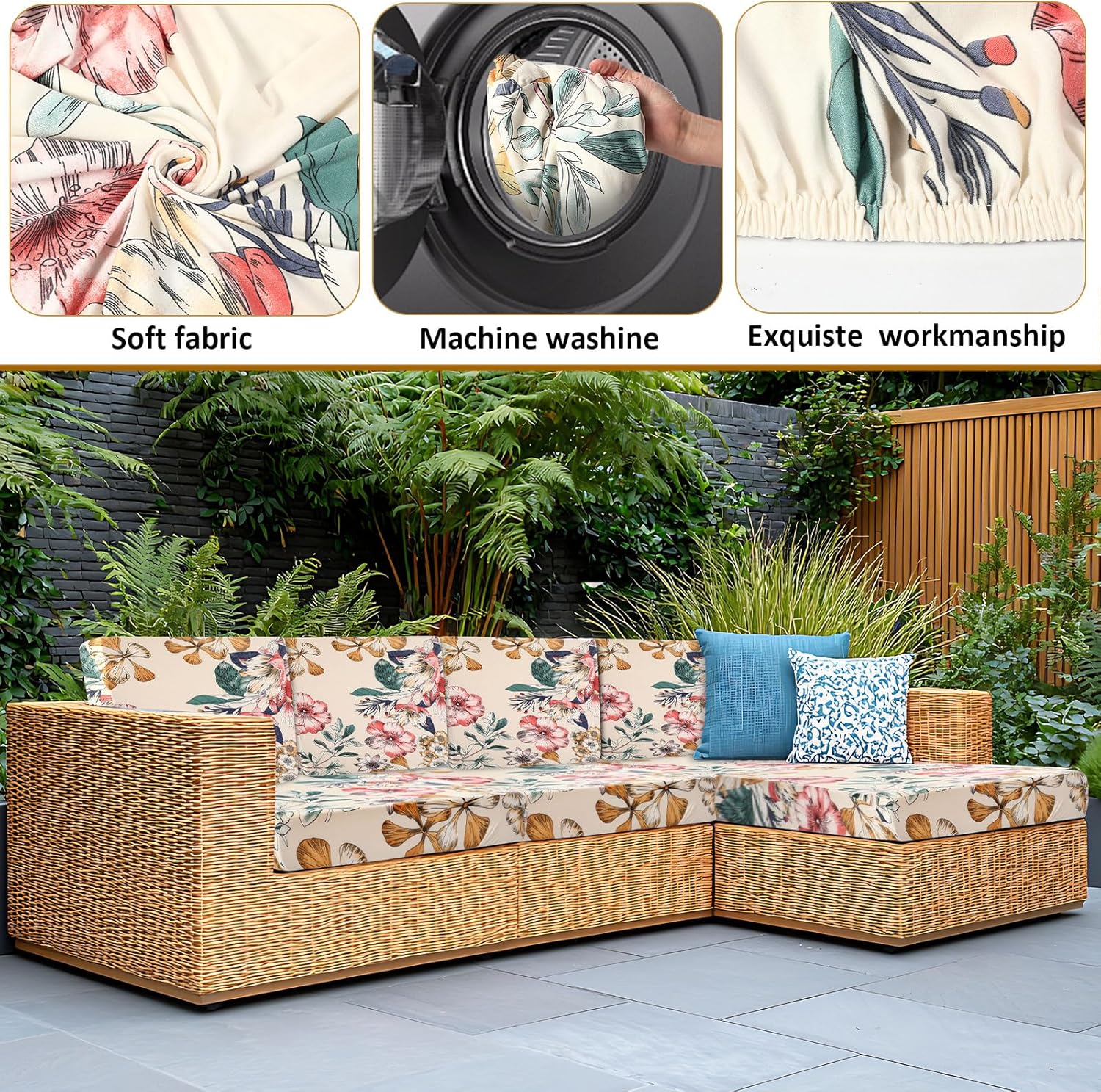 Tegeme 8 Pcs Summer Cushion Cover Stretchable Printed Floral Sofa Cushion Covers Bohemian Printed Washable with Elastic for Furniture Chair Bottom