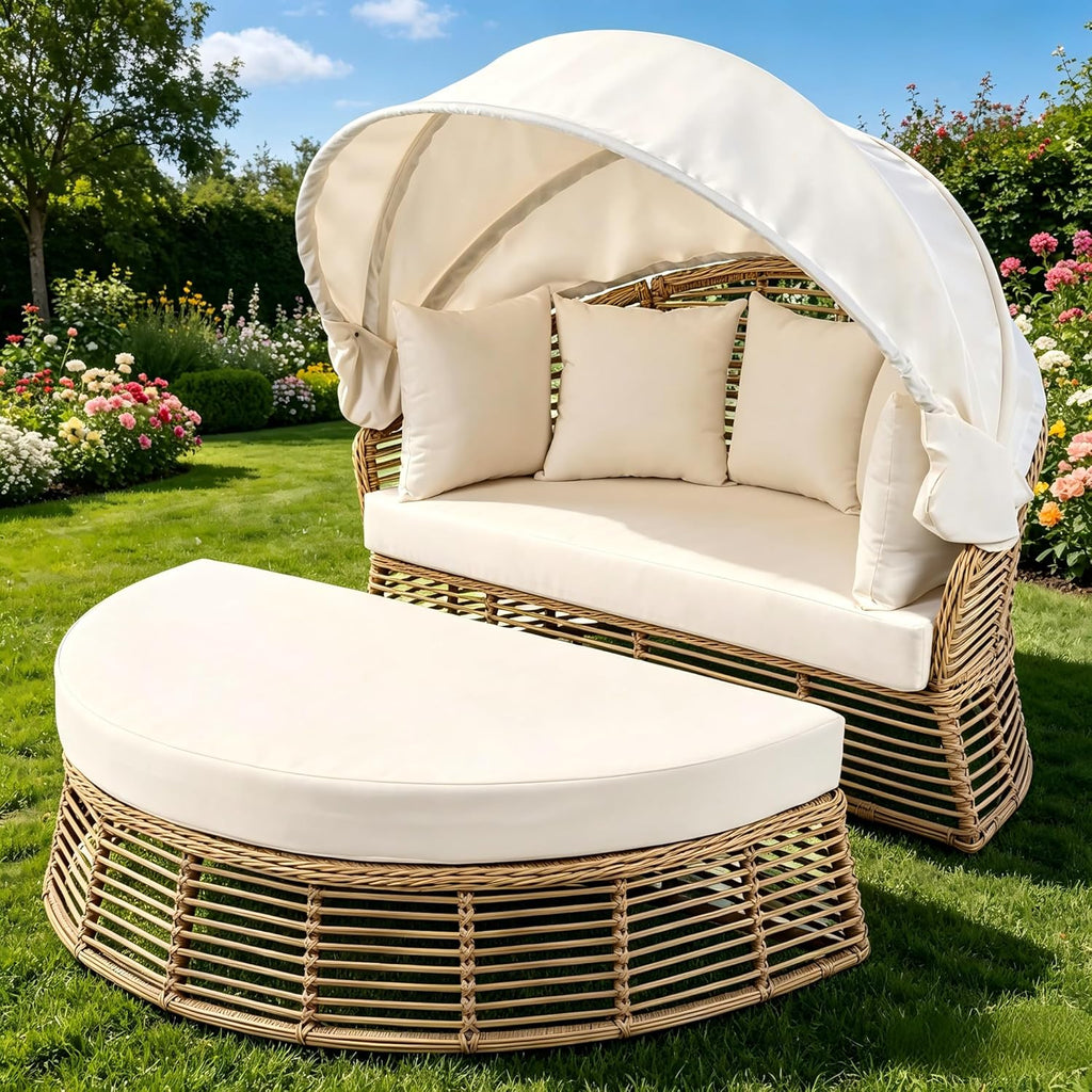 KEVINSPACE Outdoor Daybed with Retractable Canopy Patio RoundDaybed Wicker Rattan OutdoorSectional Bed Lounger, Washable Cushions Furniture for Lawn Backyard Pool Porch Beige