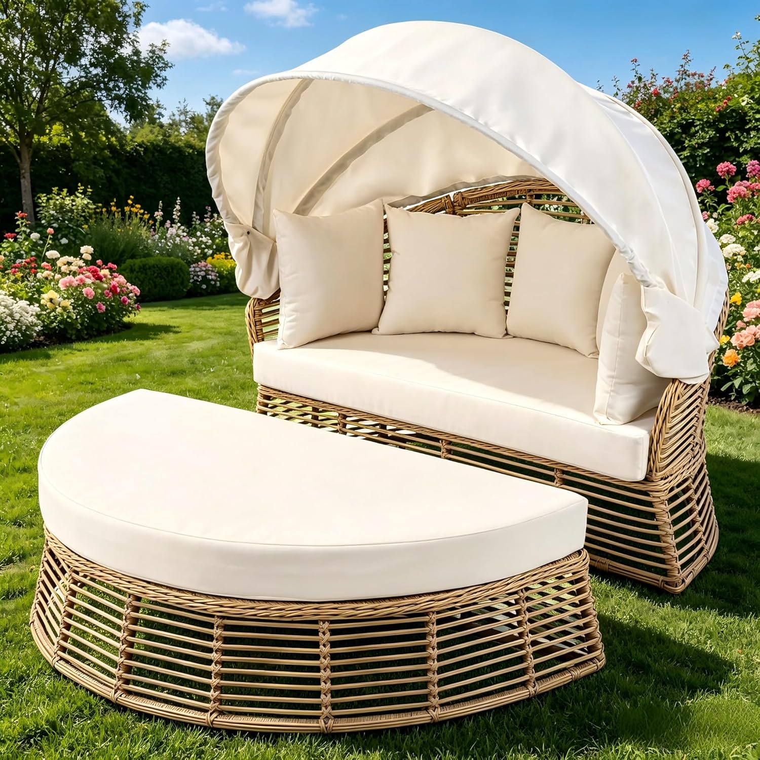 KEVINSPACE Outdoor Daybed with Retractable Canopy Patio RoundDaybed Wicker Rattan OutdoorSectional Bed Lounger, Washable Cushions Furniture for Lawn Backyard Pool Porch Beige