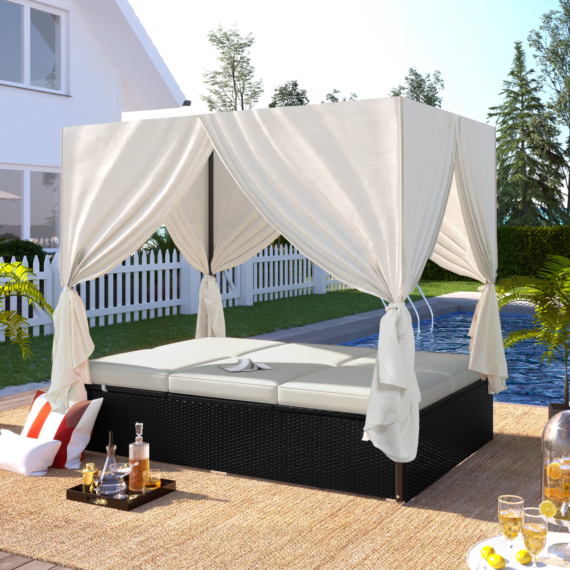 Patio Furniture Outdoor Round Daybed Bed Daybeds with Retractable Canopy, Storable Table, 3 Pillows PatioBed Sun Porch Wicker Rattan Separated Seating Sectional Sofa for Garden Poolside Dark Gray
