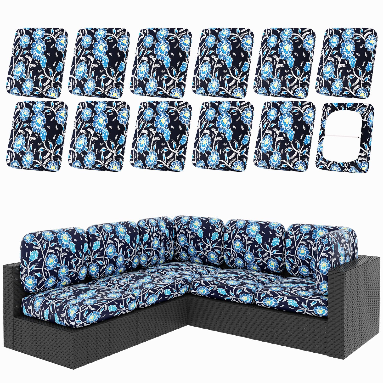 hyha 8Pcs Patio Cushion Covers, Stretch Outdoor Couch Cushion Covers Replacement, Washable Outdoor Chair/Sofa Slipcovers for Patio Furniture Cushions Protector with Elastic Bottom(Floral,Cover Only)