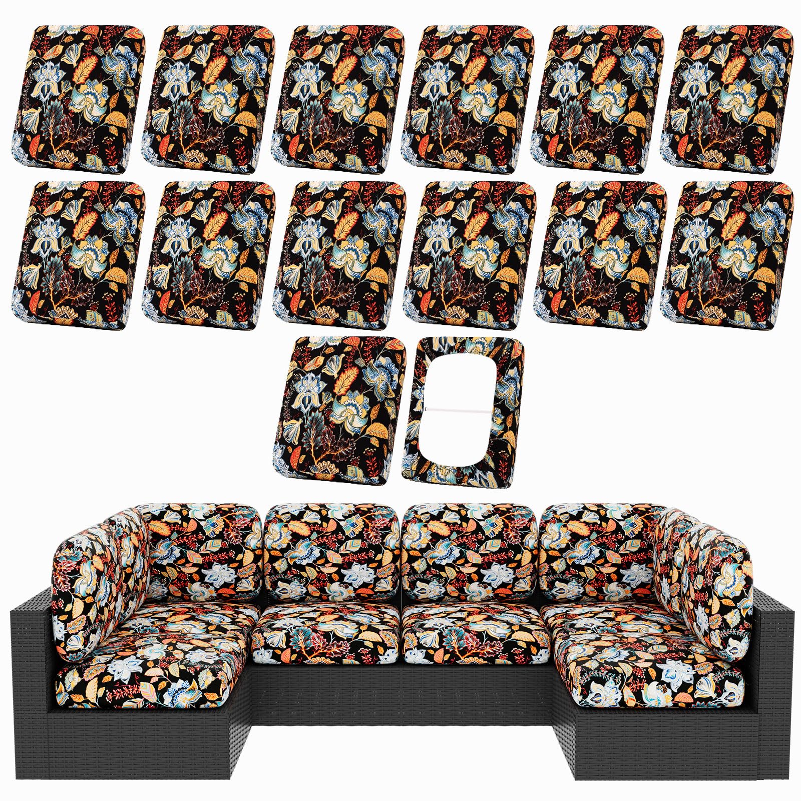 hyha 8Pcs Patio Cushion Covers, Stretch Outdoor Couch Cushion Covers Replacement, Washable Outdoor Chair/Sofa Slipcovers for Patio Furniture Cushions Protector with Elastic Bottom(Floral,Cover Only)