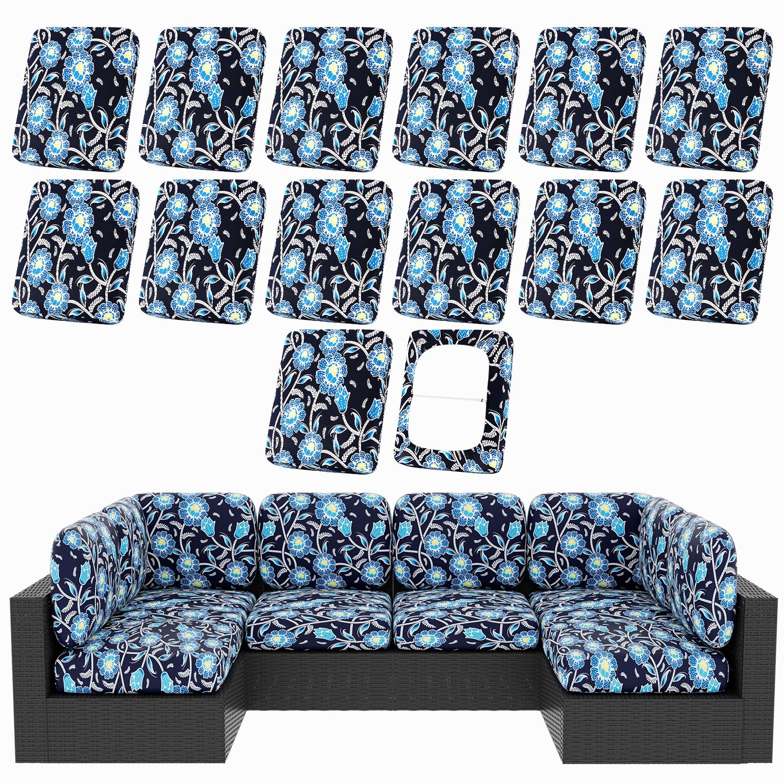 hyha 8Pcs Patio Cushion Covers, Stretch Outdoor Couch Cushion Covers Replacement, Washable Outdoor Chair/Sofa Slipcovers for Patio Furniture Cushions Protector with Elastic Bottom(Floral,Cover Only)