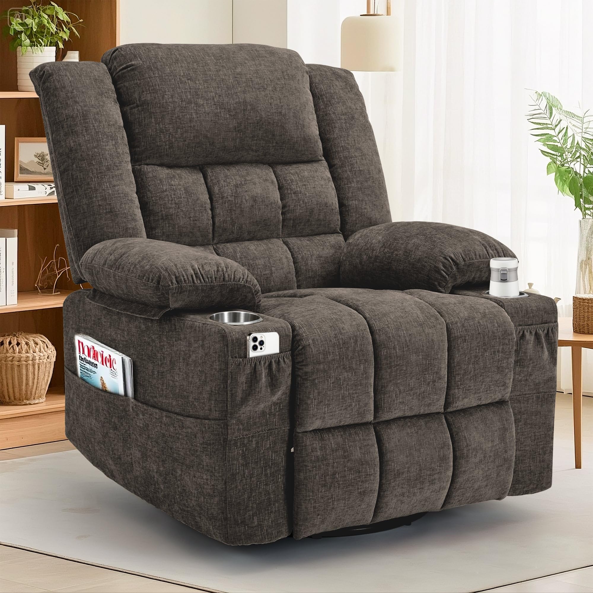Korser 360° Swivel Rocker Recliner for Adults, Nursery Glider Recliner with Massage and Heating, Rocking Chair with Cup Holder, Manual Recliner Chair for Living Room, Bedroom (Fabric, Dark Gray)