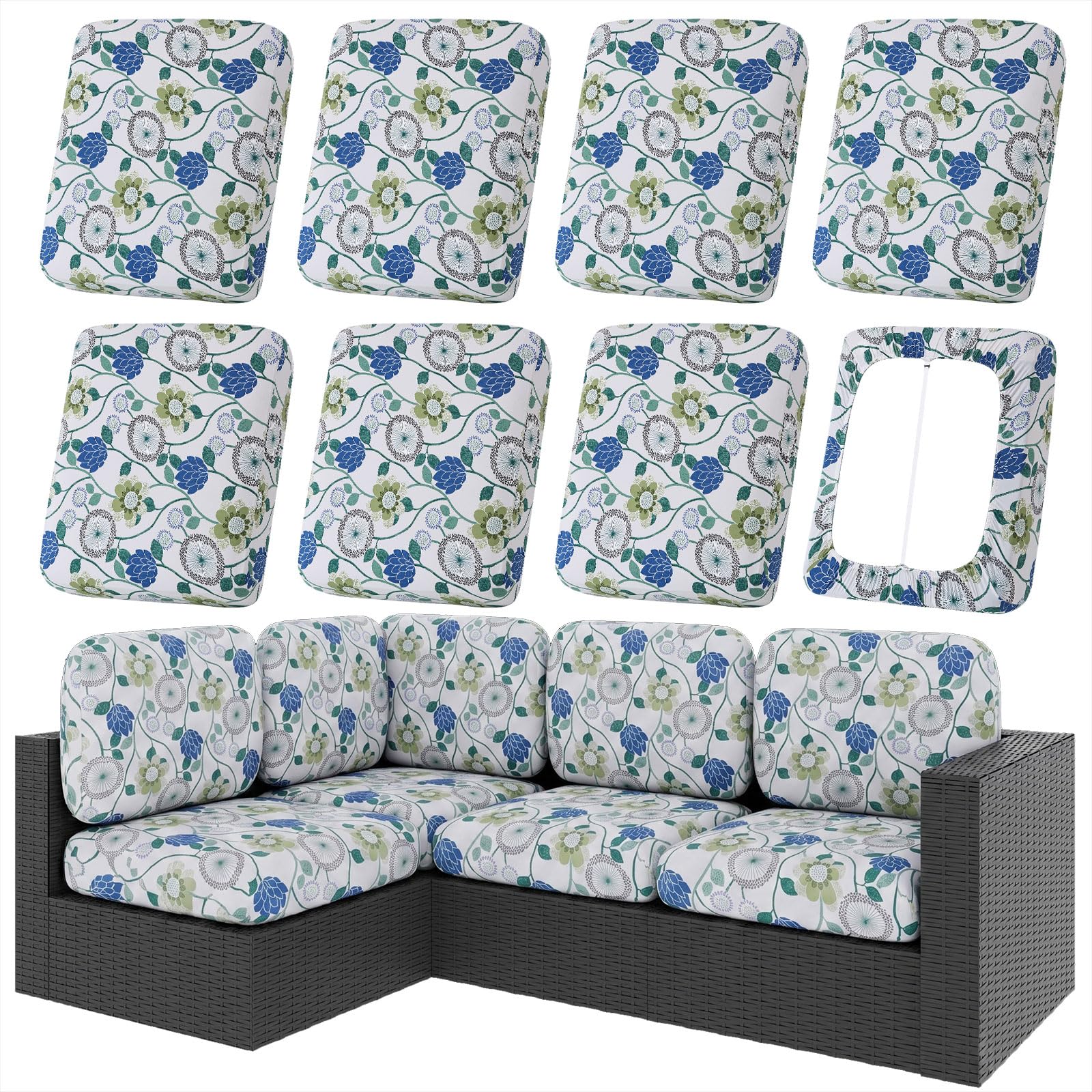 hyha 8Pcs Patio Cushion Covers, Stretch Outdoor Couch Cushion Covers Replacement, Washable Outdoor Chair/Sofa Slipcovers for Patio Furniture Cushions Protector with Elastic Bottom(Floral,Cover Only)