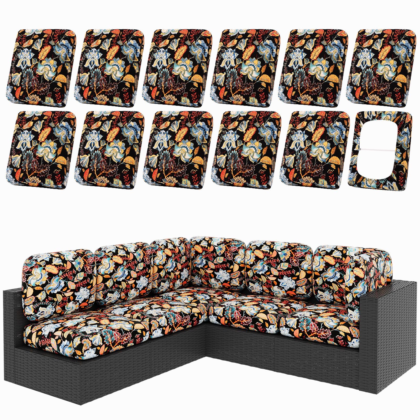 hyha 8Pcs Patio Cushion Covers, Stretch Outdoor Couch Cushion Covers Replacement, Washable Outdoor Chair/Sofa Slipcovers for Patio Furniture Cushions Protector with Elastic Bottom(Floral,Cover Only)