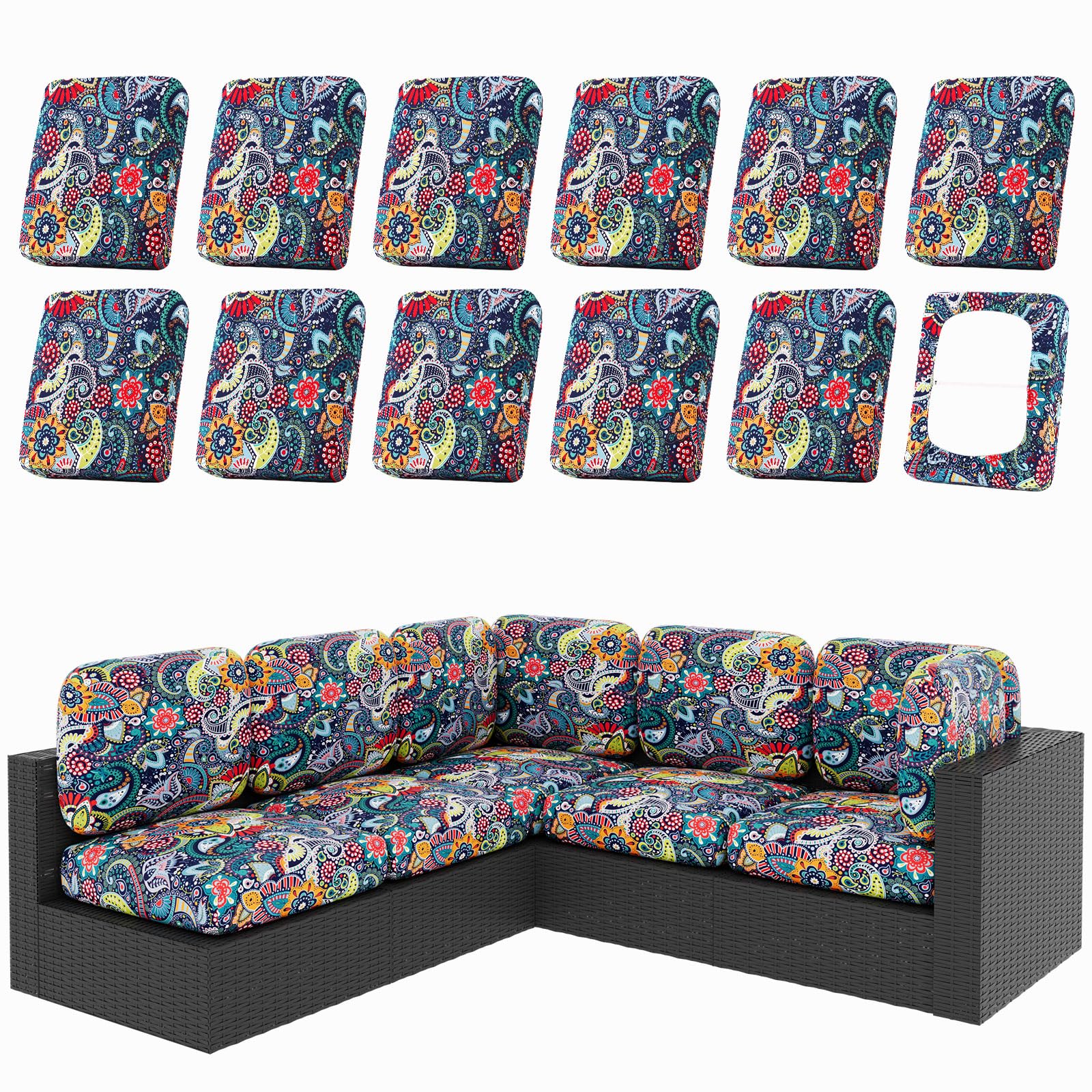 hyha 8Pcs Patio Cushion Covers, Stretch Outdoor Couch Cushion Covers Replacement, Washable Outdoor Chair/Sofa Slipcovers for Patio Furniture Cushions Protector with Elastic Bottom(Floral,Cover Only)