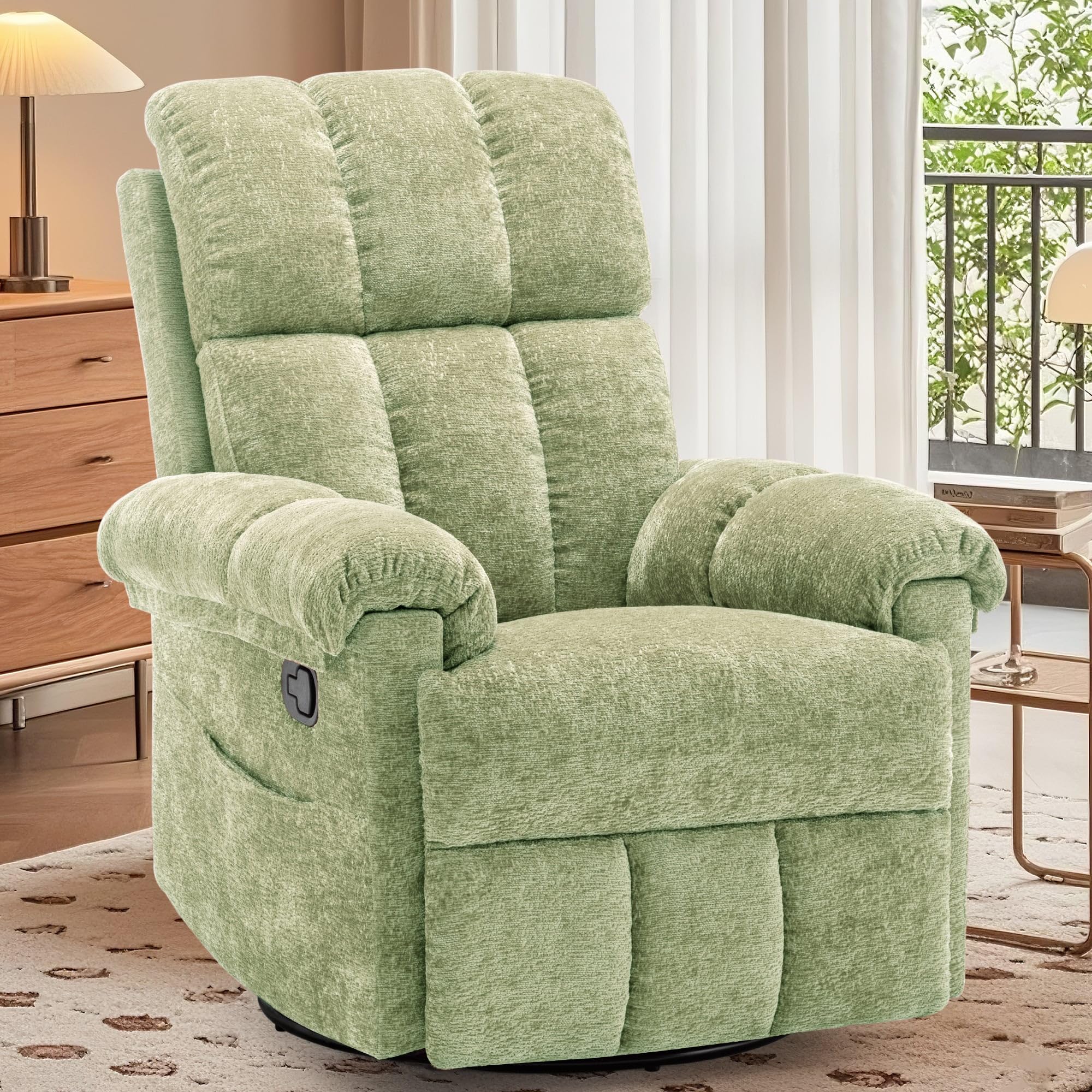 Korser Recliner Chair, Swivel Rocker Recliner Chair for Adults, Small Recliners for Small Spaces, Upholstered Manual Recliner with Side Pockets, Nursery Rocking Chair for Living Room, Chenille, Beige