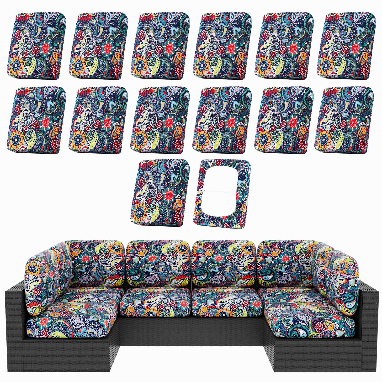 hyha 8Pcs Patio Cushion Covers, Stretch Outdoor Couch Cushion Covers Replacement, Washable Outdoor Chair/Sofa Slipcovers for Patio Furniture Cushions Protector with Elastic Bottom(Floral,Cover Only)