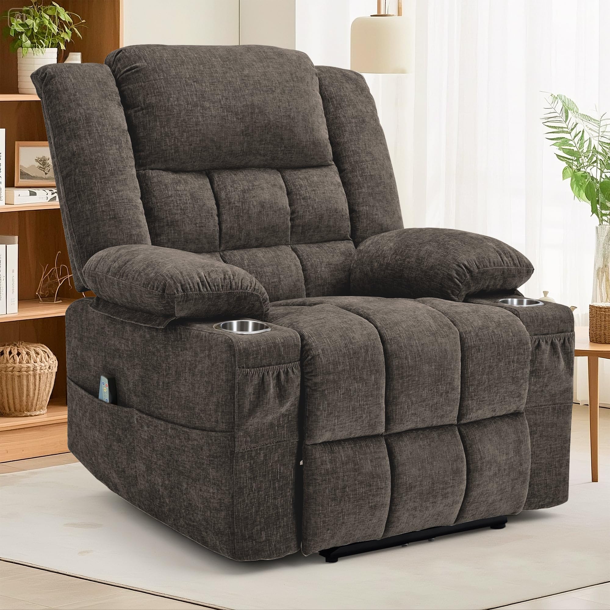 Korser 360° Swivel Rocker Recliner for Adults, Nursery Glider Recliner with Massage and Heating, Rocking Chair with Cup Holder, Manual Recliner Chair for Living Room, Bedroom (Fabric, Dark Gray)
