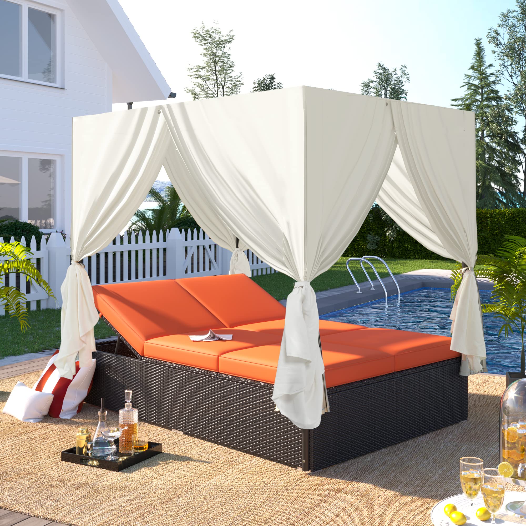 Patio Chaise Lounge, PE Rattan Outdoor Patio Wicker Sunbed Daybed with Adjustable Seats, Four-sided Canopy, Overhead Curtain and Beige Cushions for Backyard, Garden, Poolside (for 2-6 people)