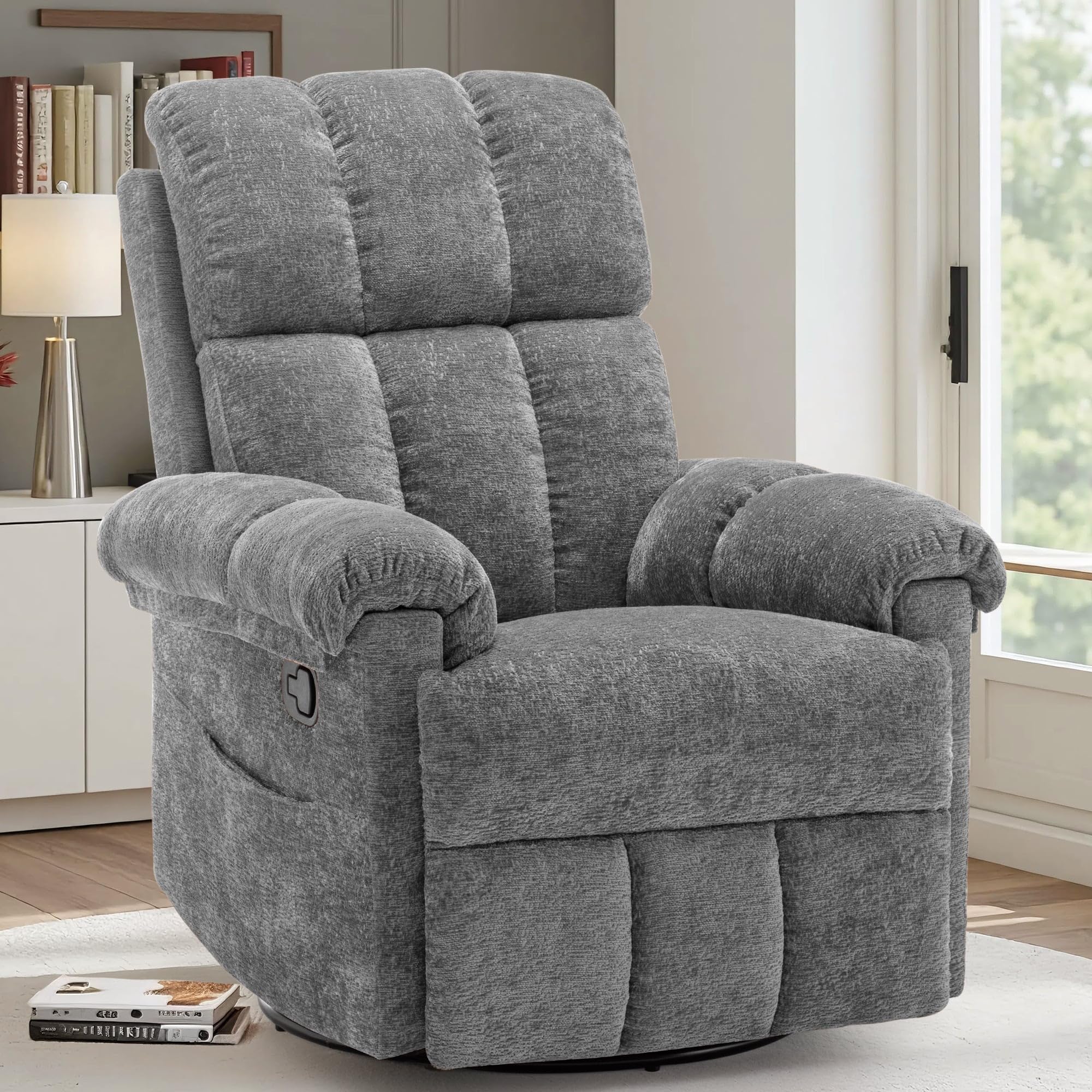 Korser Recliner Chair, Swivel Rocker Recliner Chair for Adults, Small Recliners for Small Spaces, Upholstered Manual Recliner with Side Pockets, Nursery Rocking Chair for Living Room, Chenille, Beige