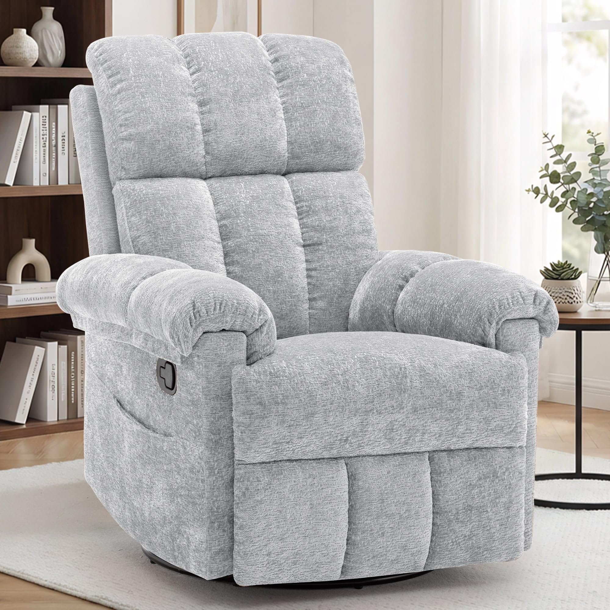 Korser Recliner Chair, Swivel Rocker Recliner Chair for Adults, Small Recliners for Small Spaces, Upholstered Manual Recliner with Side Pockets, Nursery Rocking Chair for Living Room, Chenille, Beige