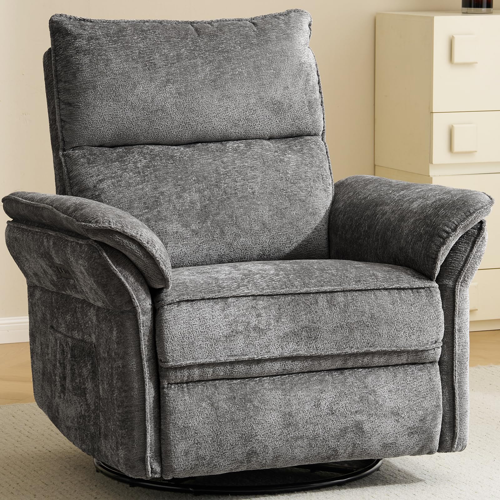 Oversized Power Recliner Chair Swivel Glider with Massage and Heat, Rocker Nursery Recliner for Adults with Adjustable Headrest, 26" Extra Wide Nursery Chair with Overstuffed Armrest,Light Grey