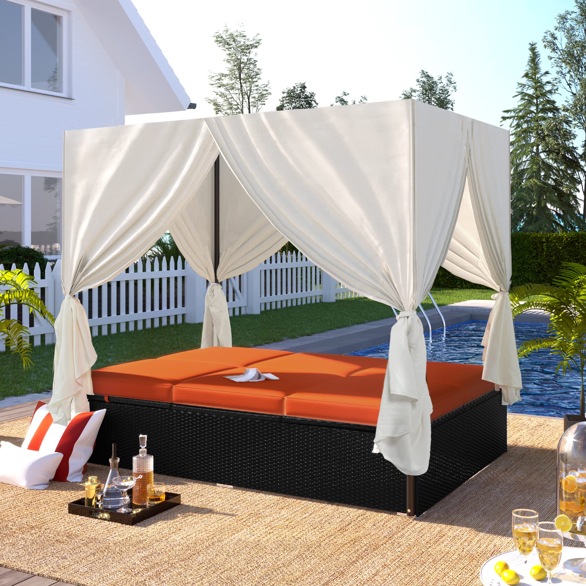 Patio Furniture Outdoor Round Daybed Bed Daybeds with Retractable Canopy, Storable Table, 3 Pillows PatioBed Sun Porch Wicker Rattan Separated Seating Sectional Sofa for Garden Poolside Dark Gray