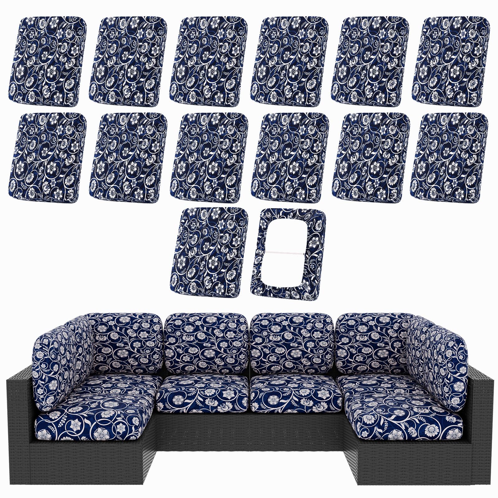 hyha 8Pcs Patio Cushion Covers, Stretch Outdoor Couch Cushion Covers Replacement, Washable Outdoor Chair/Sofa Slipcovers for Patio Furniture Cushions Protector with Elastic Bottom(Floral,Cover Only)