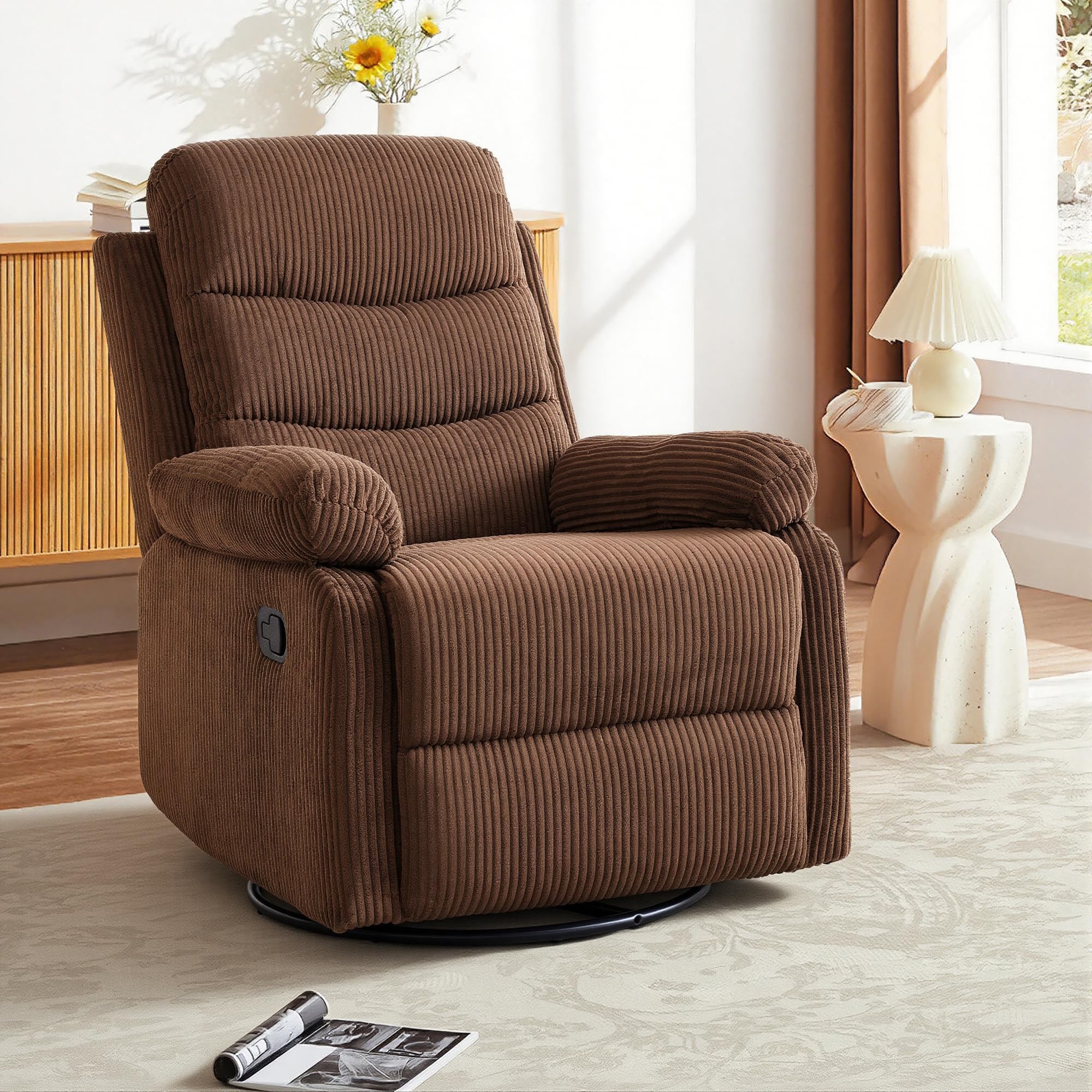 Rocking Recliner Chair,Modern Swivel Glider Recliner Chair,Corduroy Fabric Upholstery Recliner,Manual Reclining Sofa Chair for Living Room,Office,Apartment (Beige)