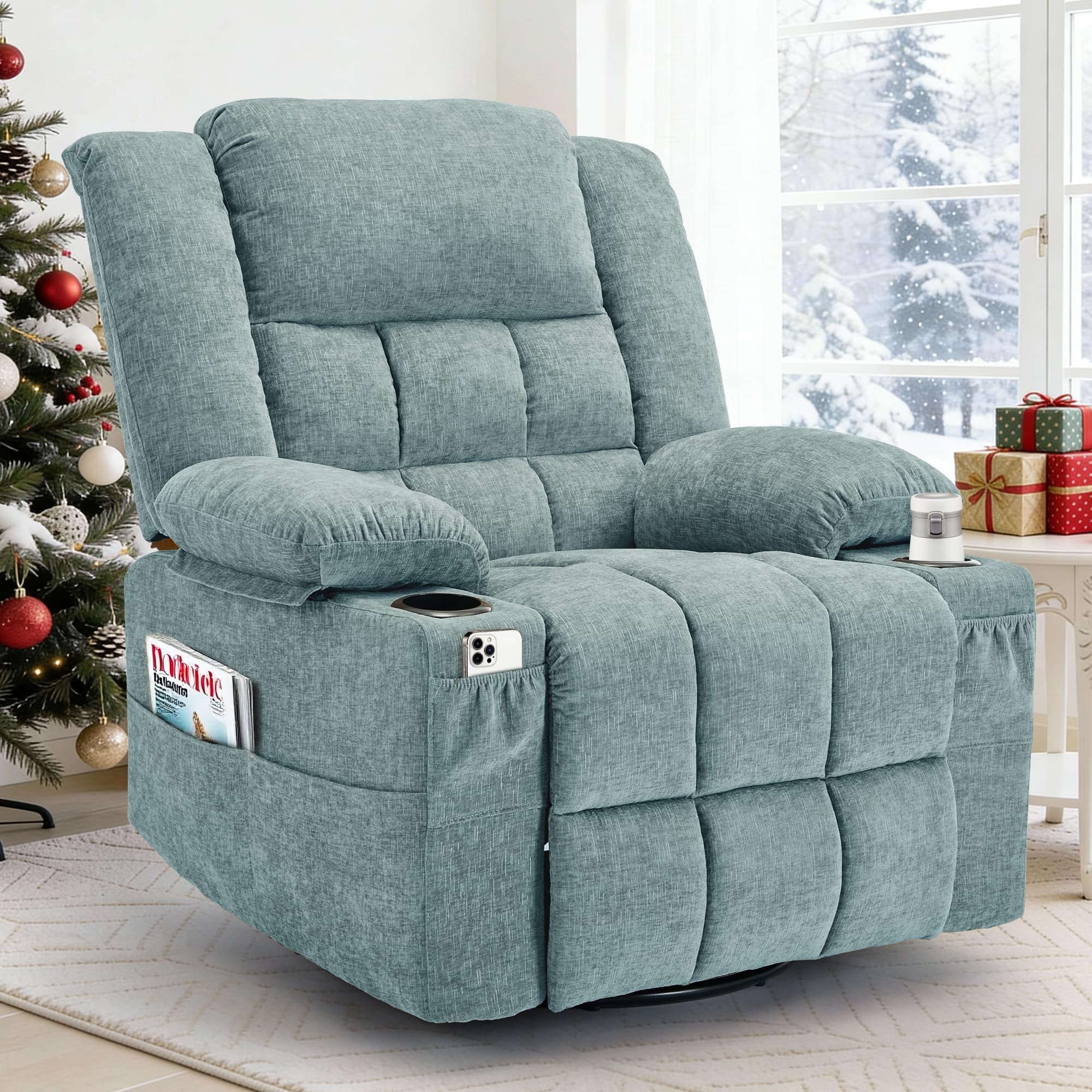 Korser 360° Swivel Rocker Recliner for Adults, Nursery Glider Recliner with Massage and Heating, Rocking Chair with Cup Holder, Manual Recliner Chair for Living Room, Bedroom (Fabric, Dark Gray)