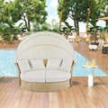 WILLIAMSPACE Round Outdoor Daybed Patio Sunbed with Retractable Canopy, Convertible Wicker Rattan Double Daybed Sofa with Waterproof Cushions & Pillows for Garden Backyard Porch (Beige)