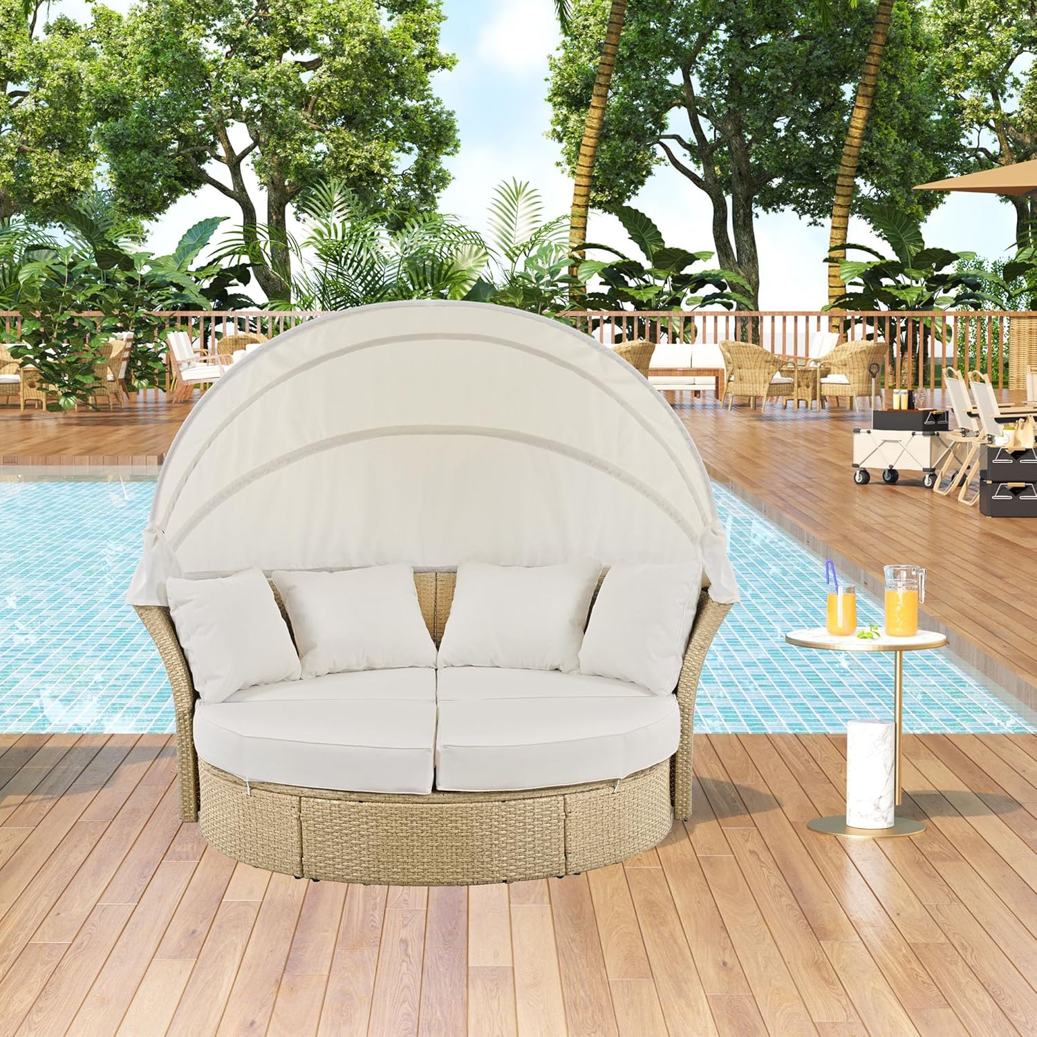 WILLIAMSPACE Round Outdoor Daybed Patio Sunbed with Retractable Canopy, Convertible Wicker Rattan Double Daybed Sofa with Waterproof Cushions & Pillows for Garden Backyard Porch (Beige)