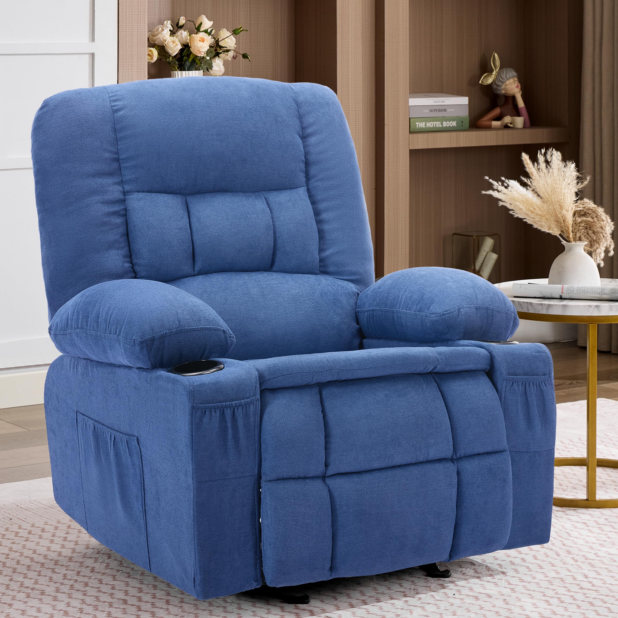 Rocker Recliner Chair with Massage and Heat, Nursery Rocking Chairs for Living Room, Ergonomic Comfy Relining Chair with Cup Holders, USB Charge Port, Side Pockets, Manual Recliner Chairs, Grey