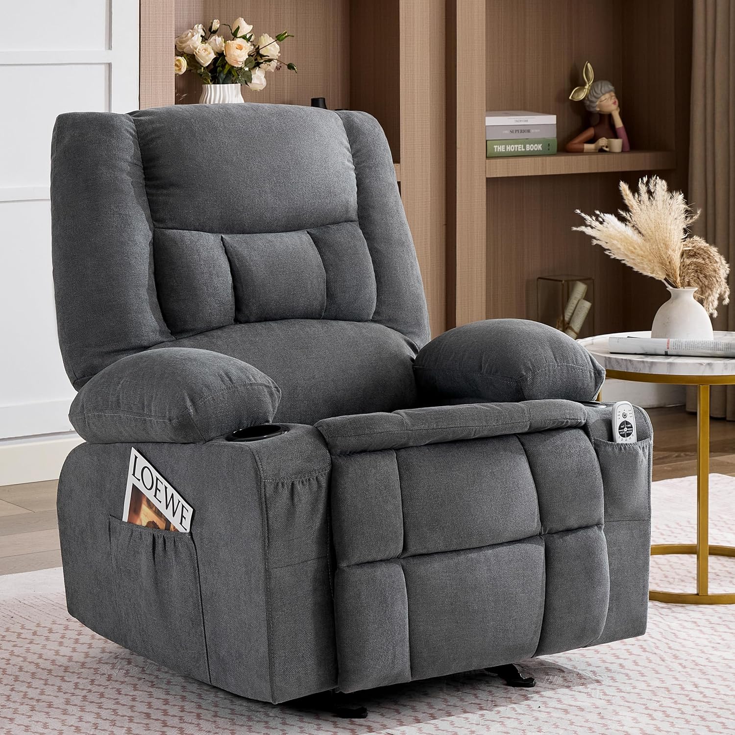 Rocker Recliner Chair with Massage and Heat, Nursery Rocking Chairs for Living Room, Ergonomic Comfy Relining Chair with Cup Holders, USB Charge Port, Side Pockets, Manual Recliner Chairs, Grey