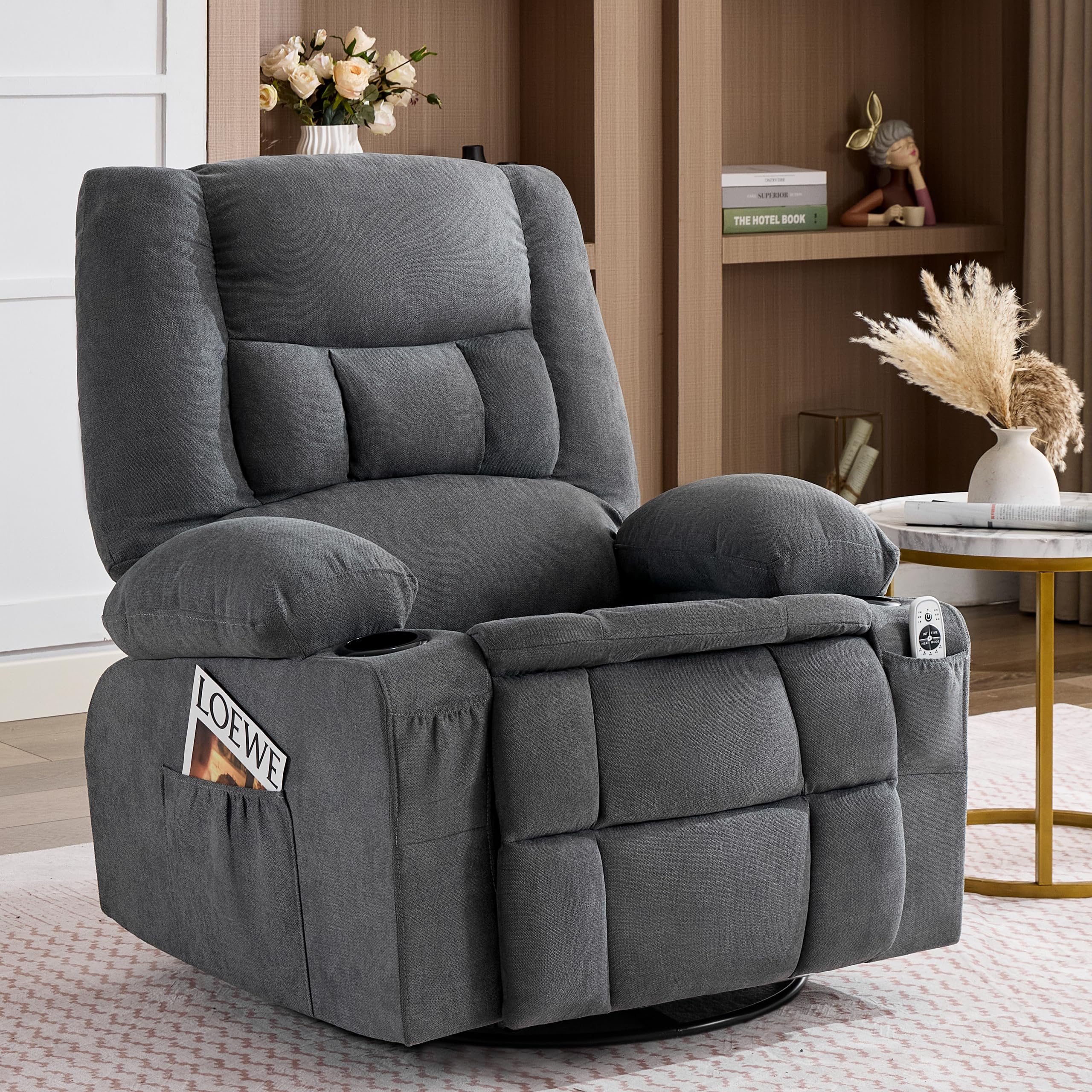 Rocker Recliner Chair with Massage and Heat, Nursery Rocking Chairs for Living Room, Ergonomic Comfy Relining Chair with Cup Holders, USB Charge Port, Side Pockets, Manual Recliner Chairs, Grey